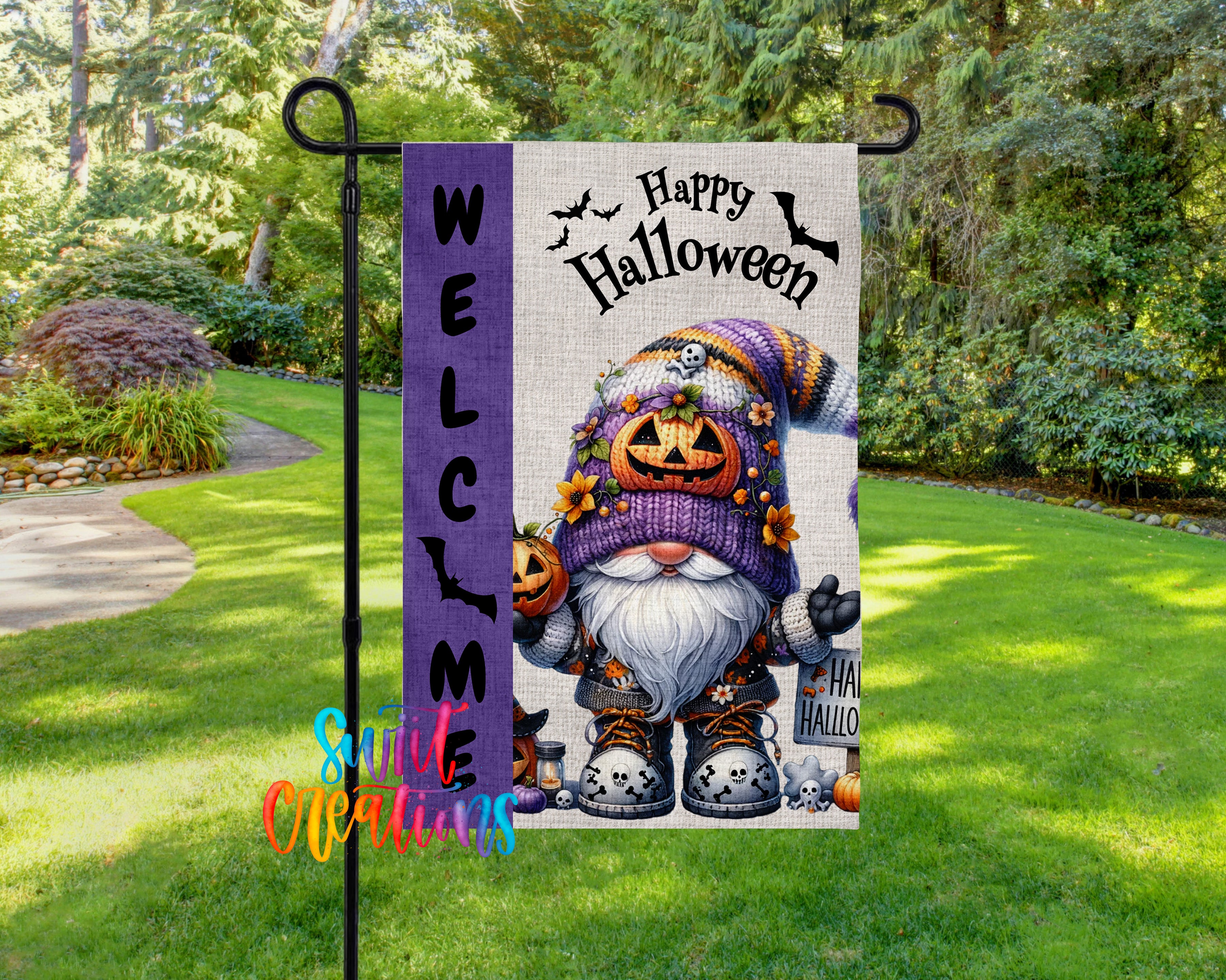 A Halloween-themed garden sign featuring a gnome wearing a purple hat and holding a jack-o-lantern, with the text "Welcome to the Halloween party" and "Happy Halloween" displayed.