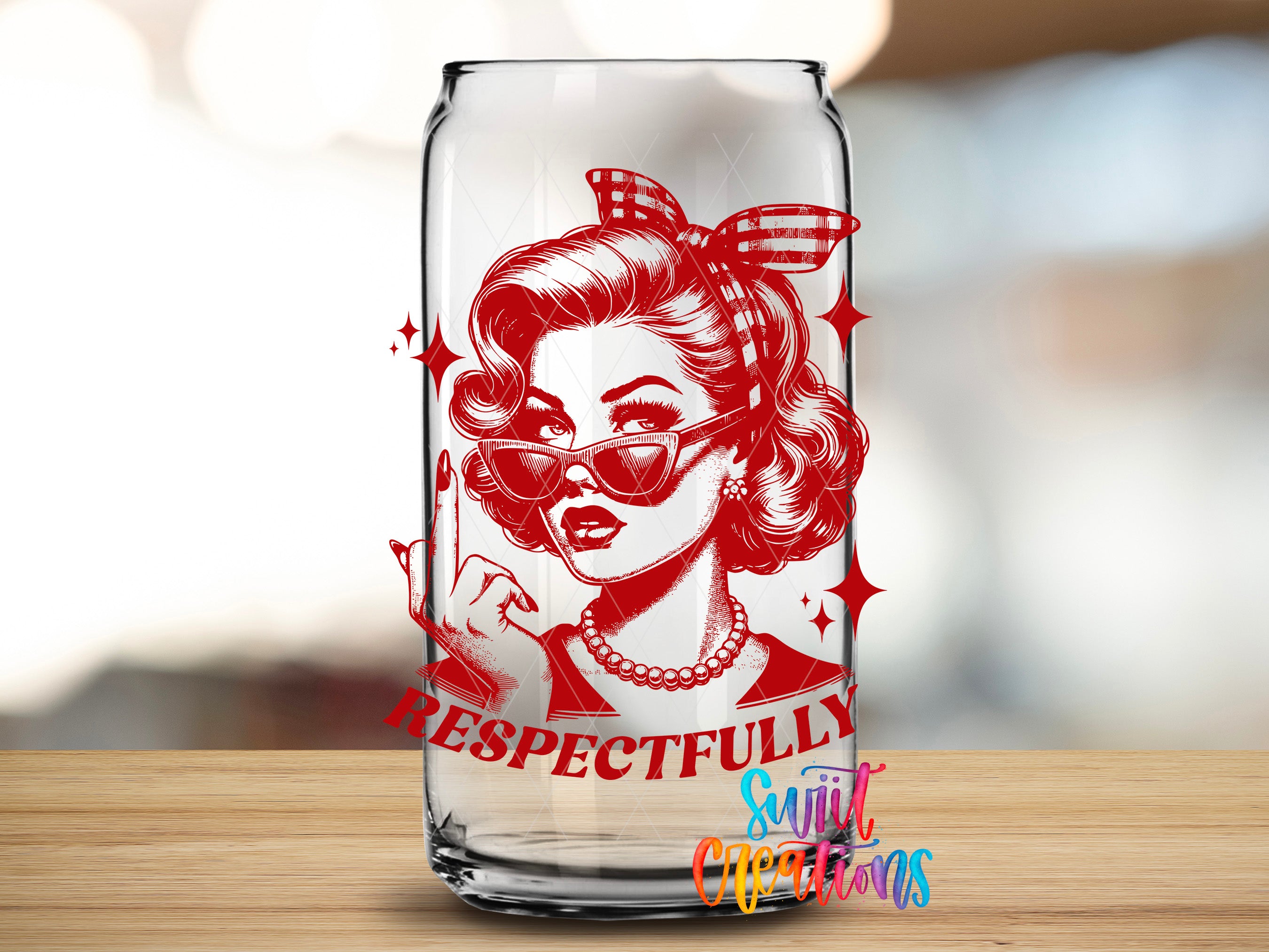 A glass can with a red and white illustration of a woman wearing sunglasses and a bow, along with the text "RESPECTFULLY" and "Suitcase Creations" printed on it.