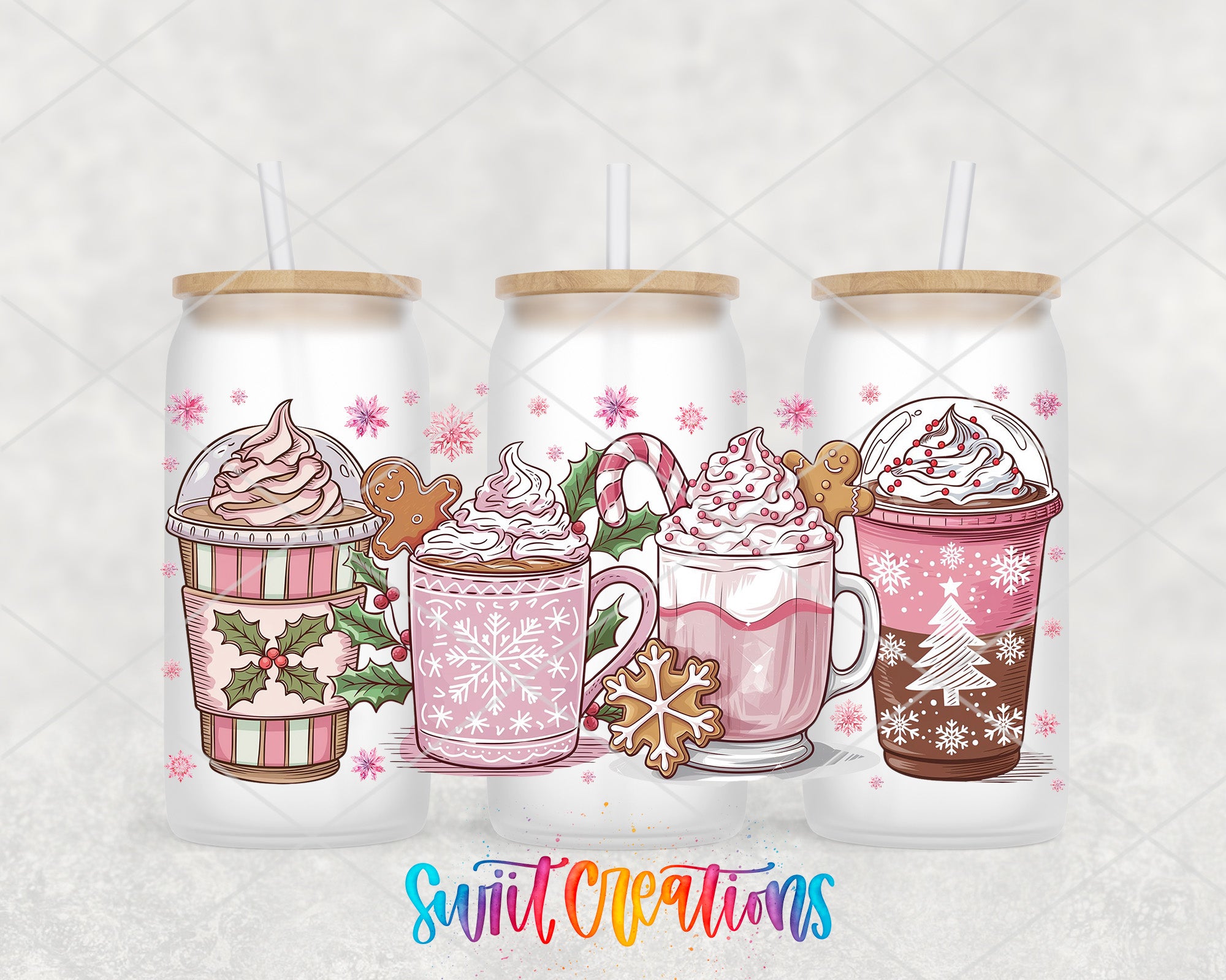 three colorful beverage cups with various festive decorations, including snowflakes, gingerbread men, and Christmas trees, all set against a white background.