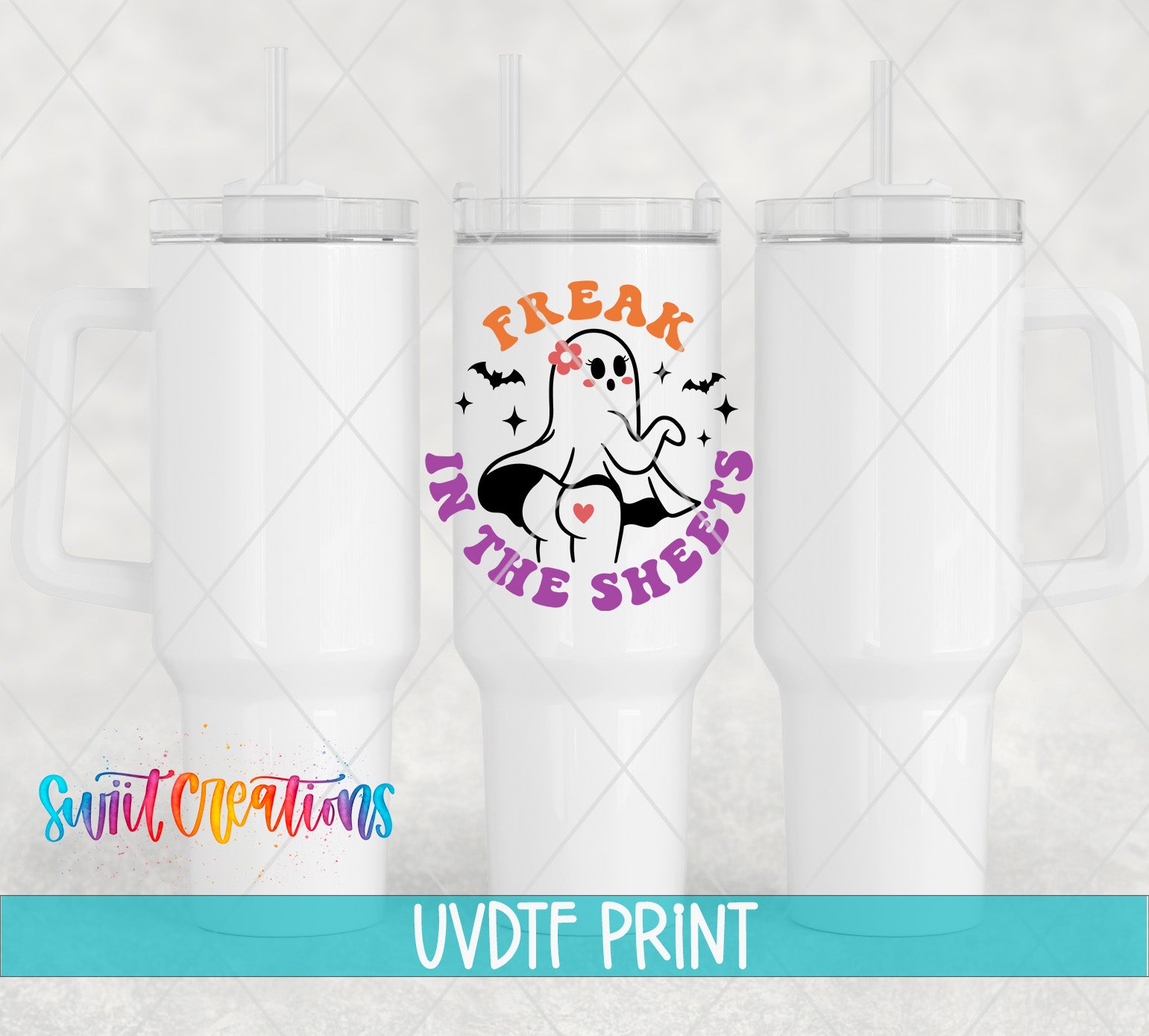 three white tumblers with a graphic design on them, including a ghost and the text "Freak in the Sheets" in a colorful, playful style.