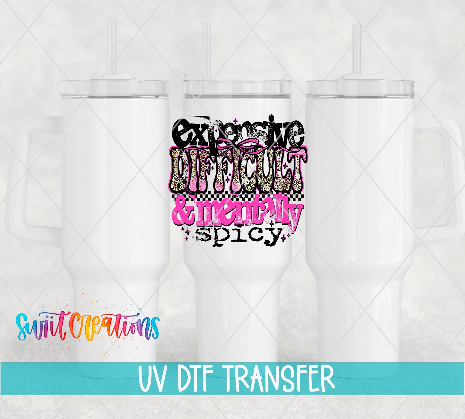three white tumblers with a colorful, stylized text design on them.