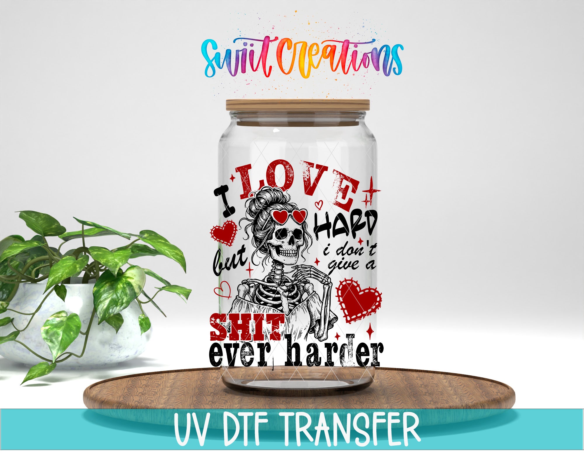 A glass jar with a skeleton design and text printed on it, placed on a wooden surface.