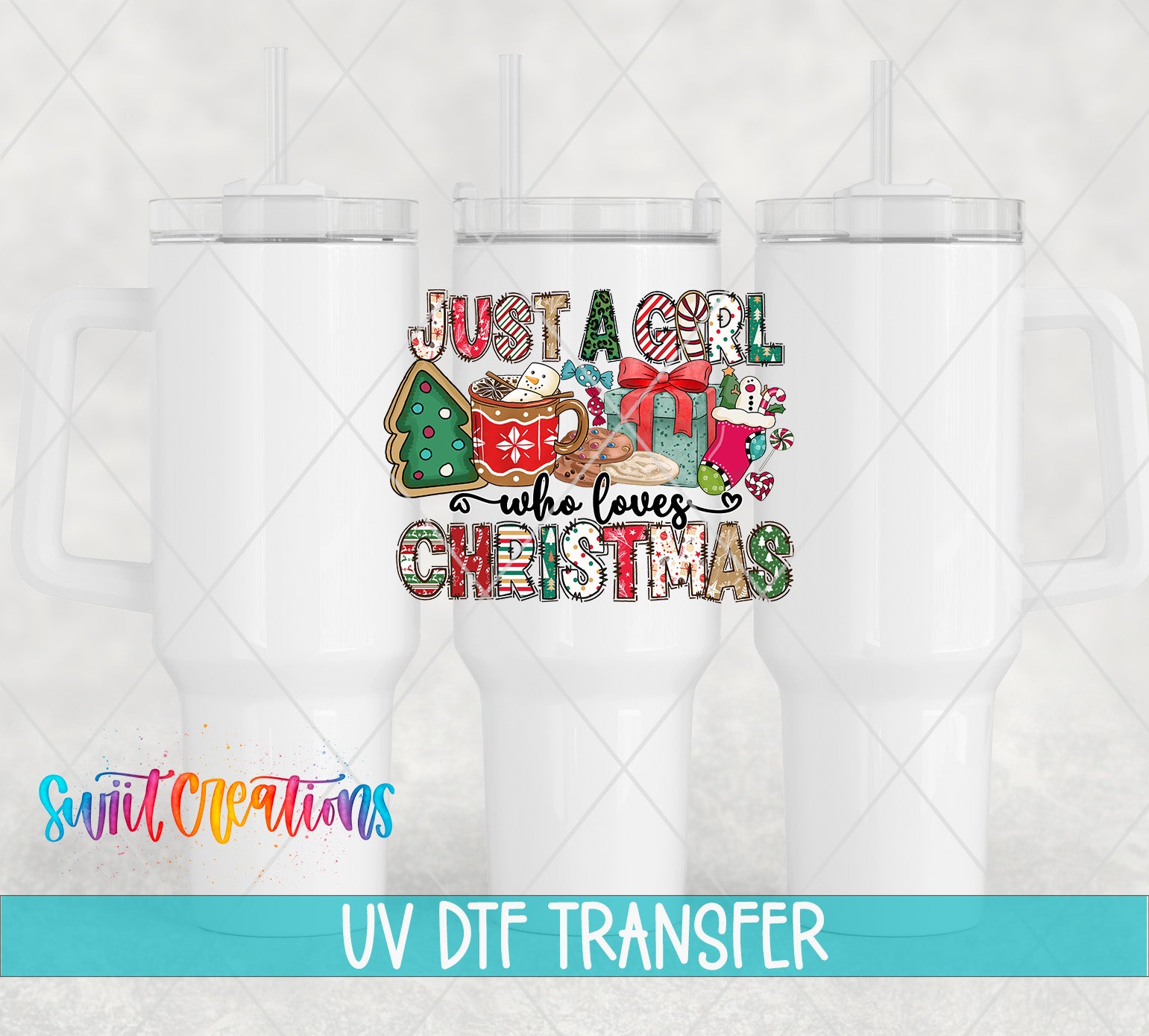 three white tumblers with a colorful Christmas-themed design on them.