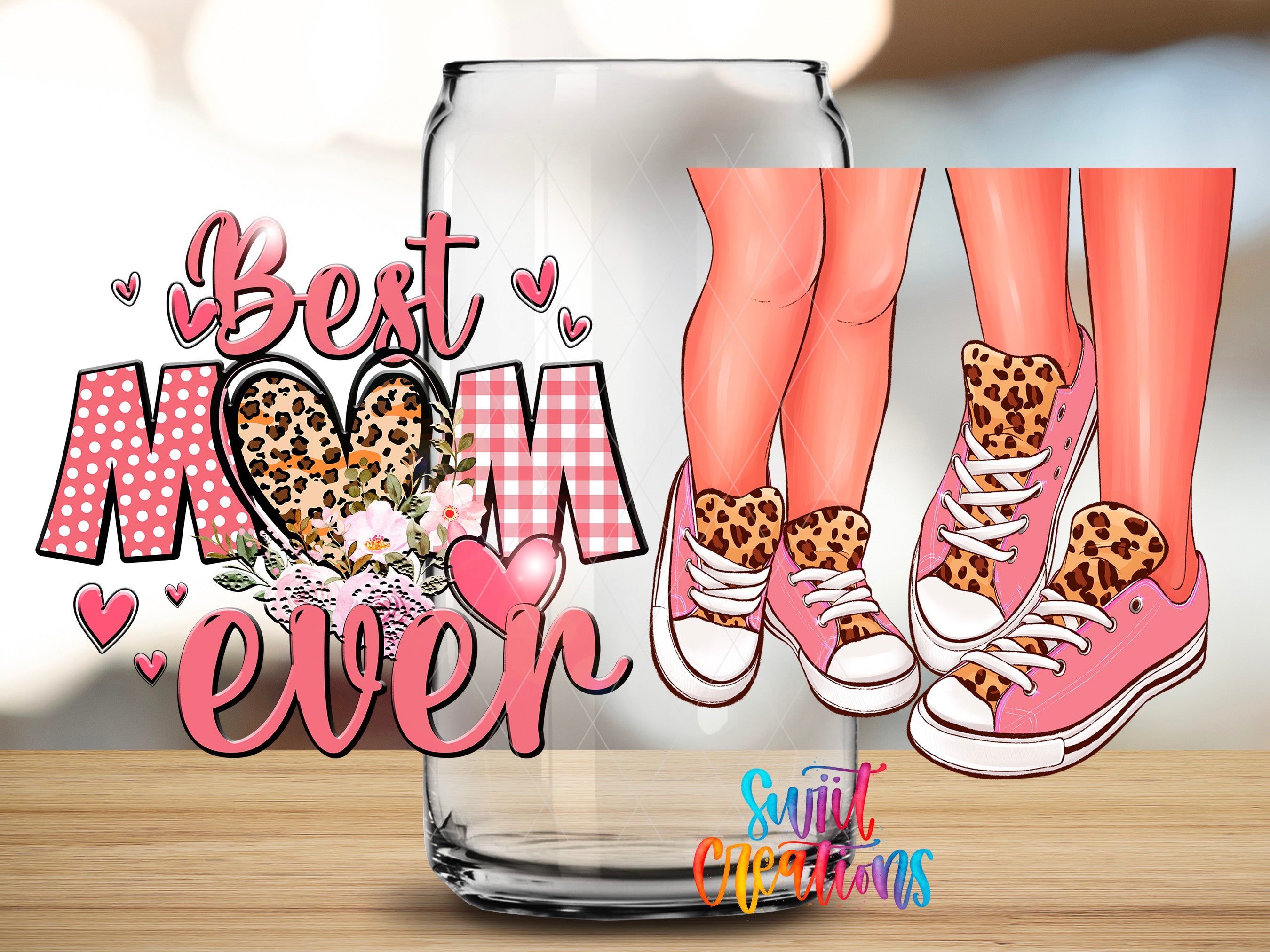 The image is a collage featuring a glass jar with a leopard print design, a pair of leopard print sneakers, and a text that says "Best Mom Ever".