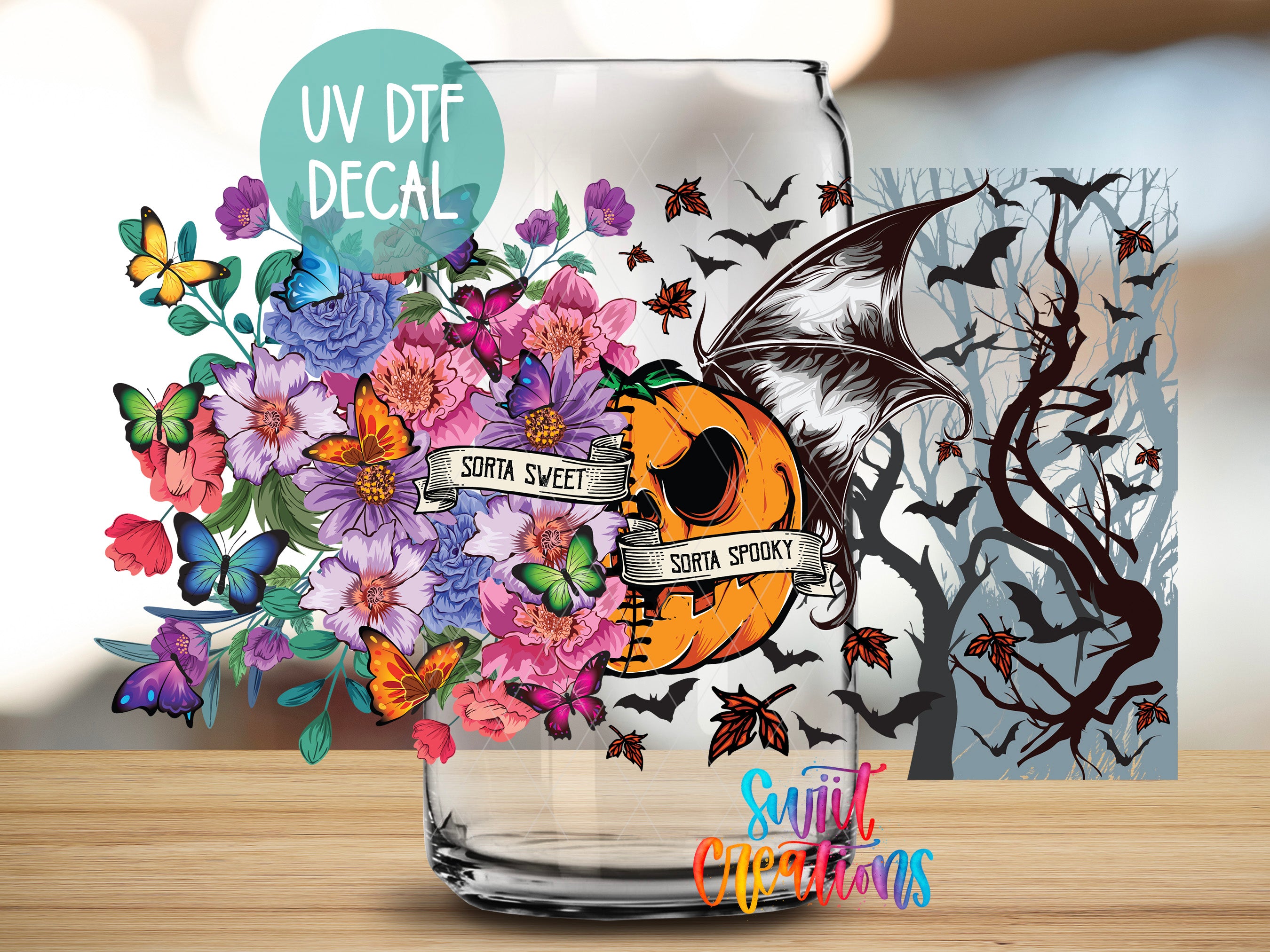 The image is a collage featuring a Halloween-themed design with a pumpkin, bats, flowers, and butterflies.