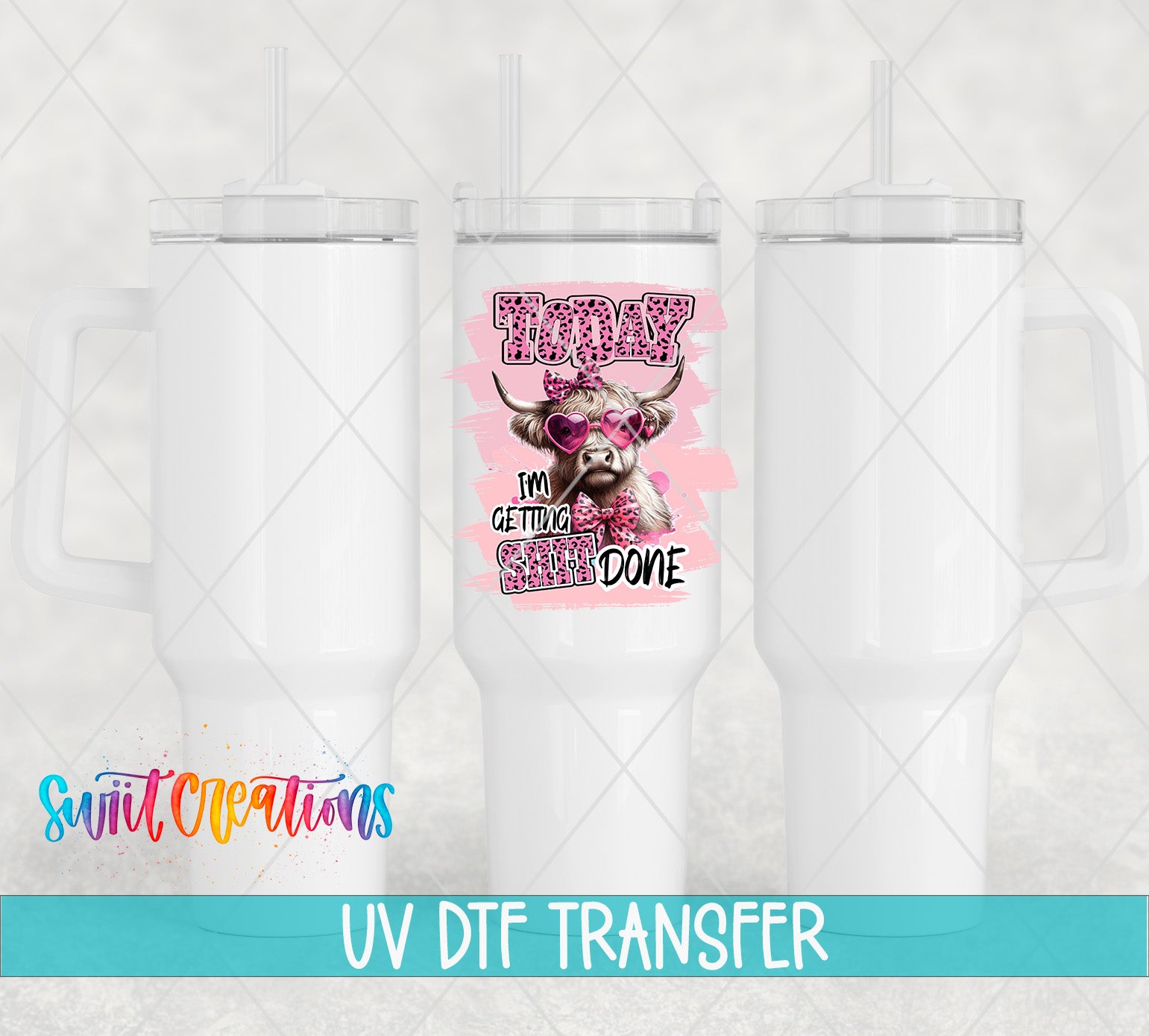 three white tumblers with a pink cow graphic and text printed on them.