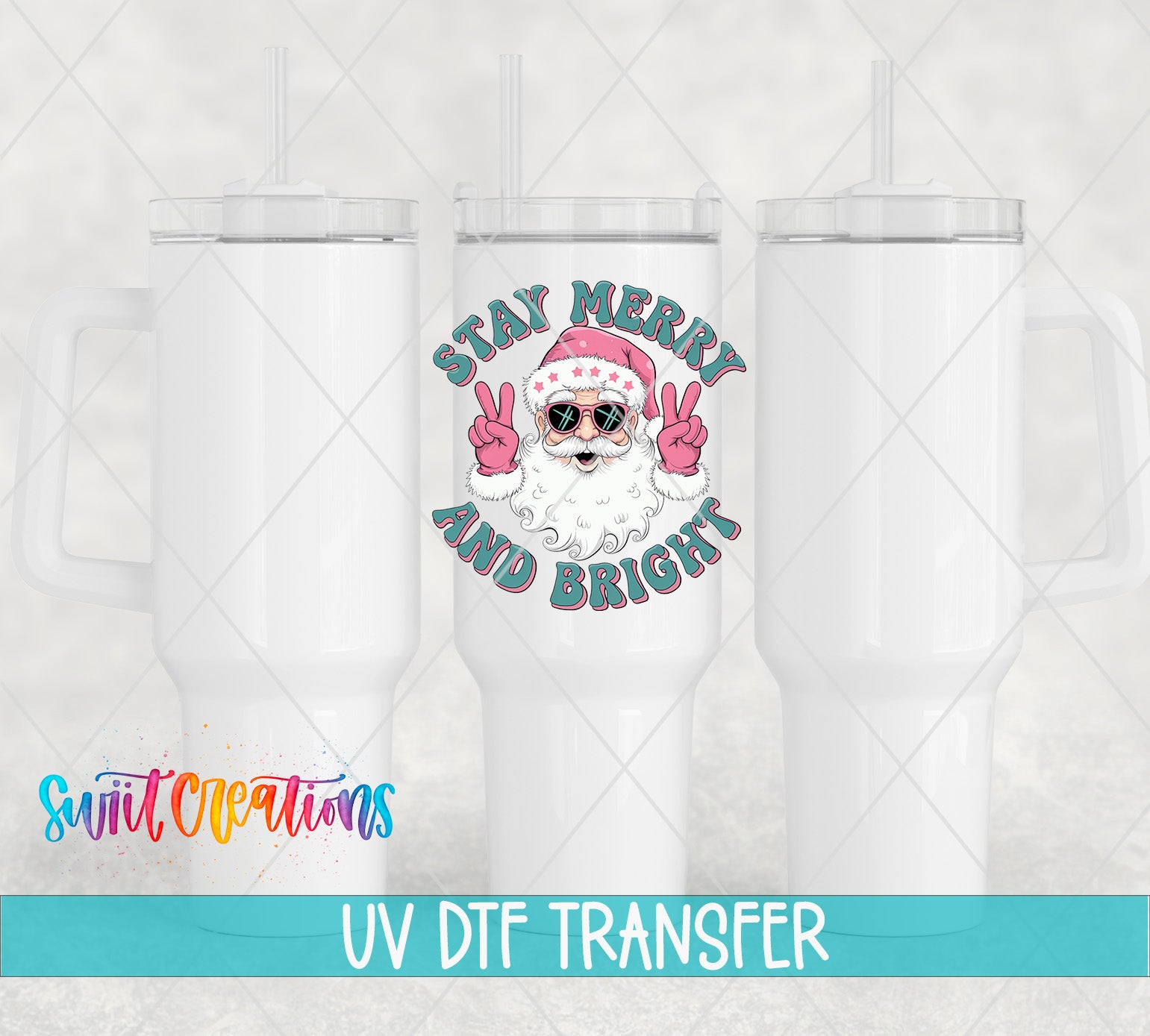 three white tumblers with a colorful design of a smiling Santa Claus character and the text "Stay Merry and Bright".