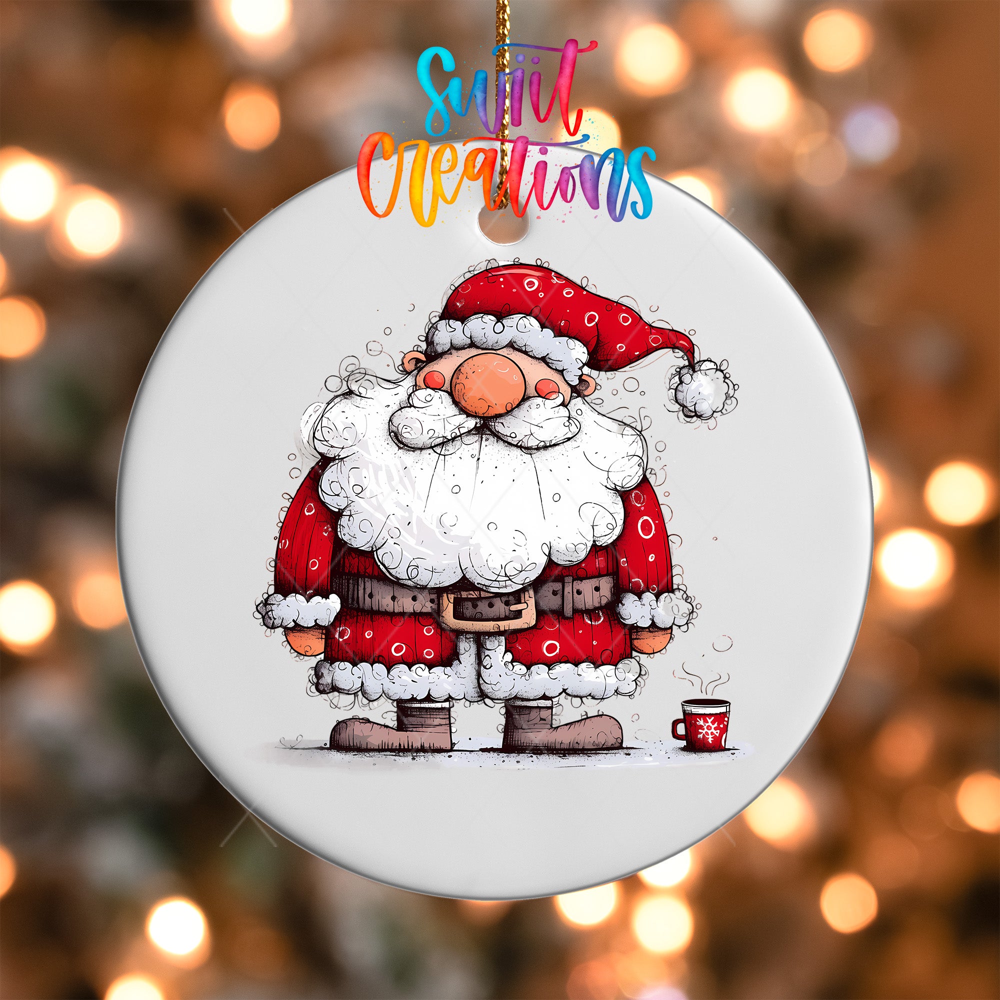 A white ornament featuring a cartoon illustration of Santa Claus holding a cup of hot chocolate.