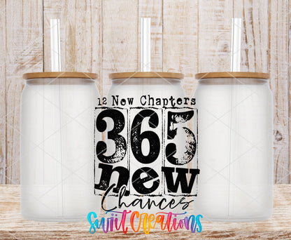 12 New Chapters 365 New Chances Motivational UV DTF transfer applied to a clear glass can set from Swiit Creations