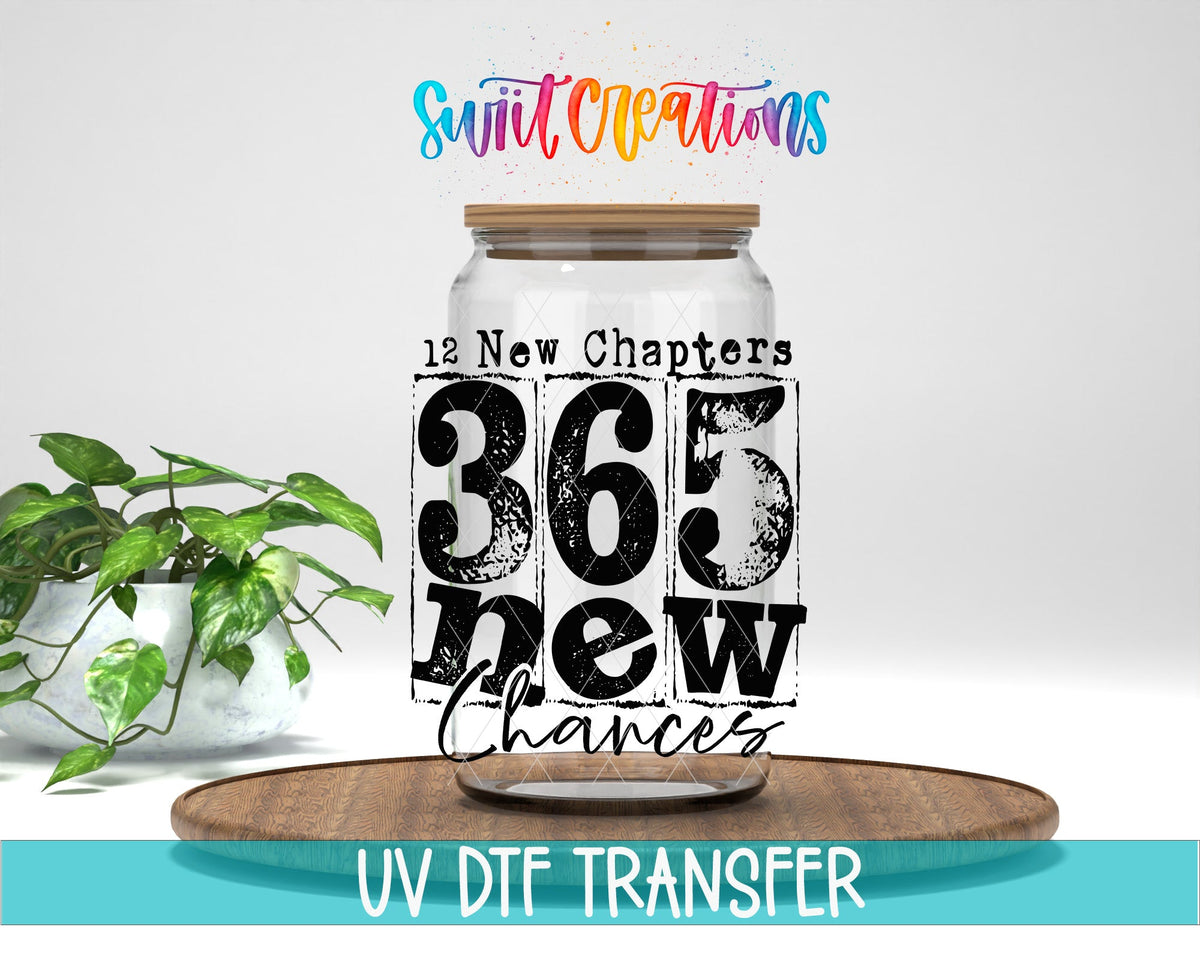 12 New Chapters 365 New Chances Motivational UV DTF transfer displayed on a clear jar mockup from Swiit Creations