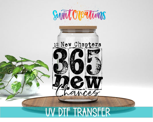 12 New Chapters 365 New Chances Motivational UV DTF transfer displayed on a clear jar mockup from Swiit Creations