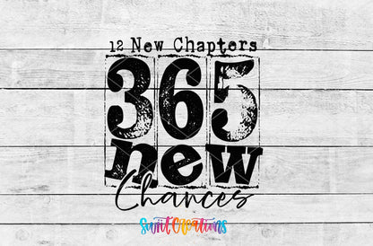12 New Chapters 365 New Chances Motivational UV DTF transfer shown as a full artwork preview from Swiit Creations