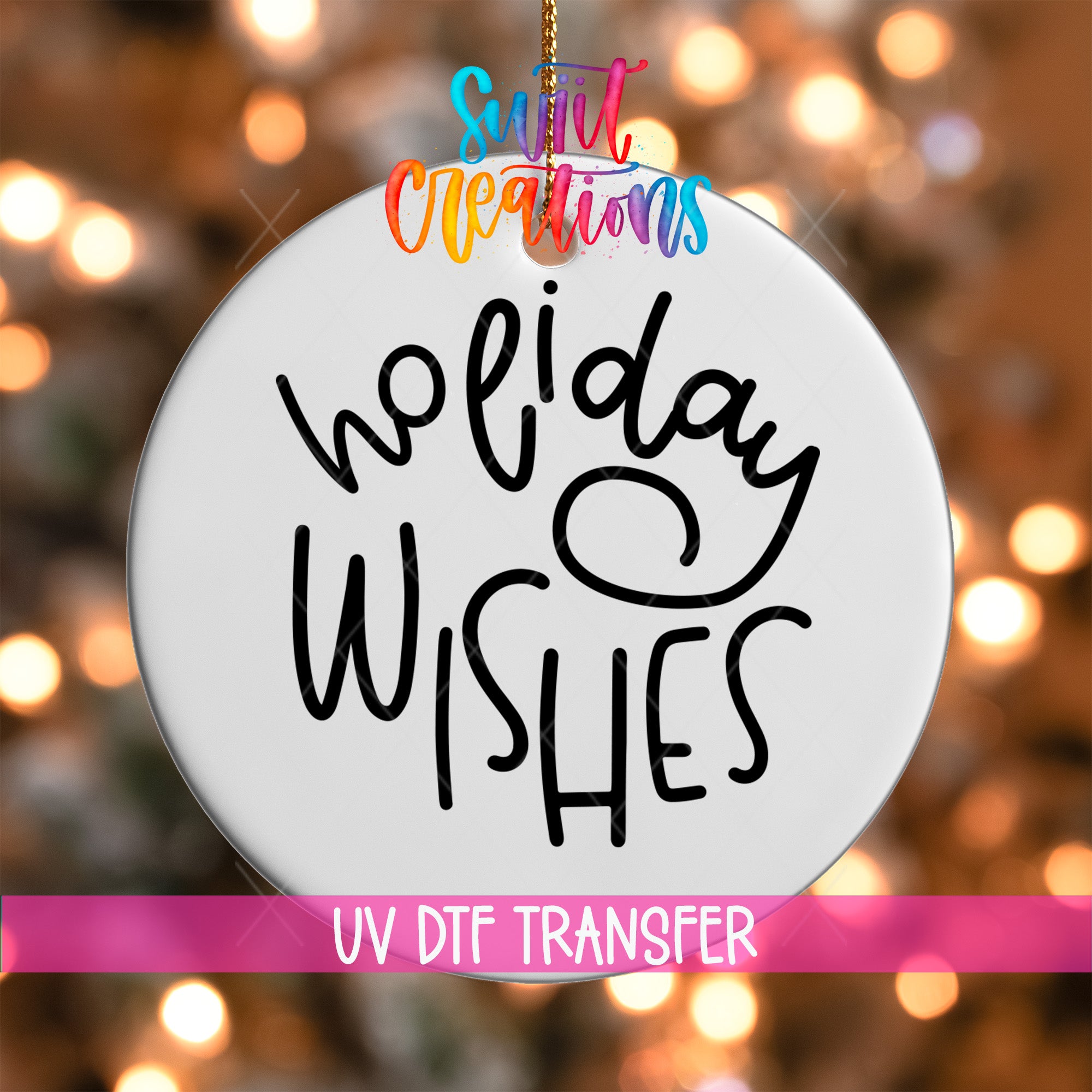 A white ornament with the text "Holiday Wishes" written on it, hanging against a background of colorful lights.