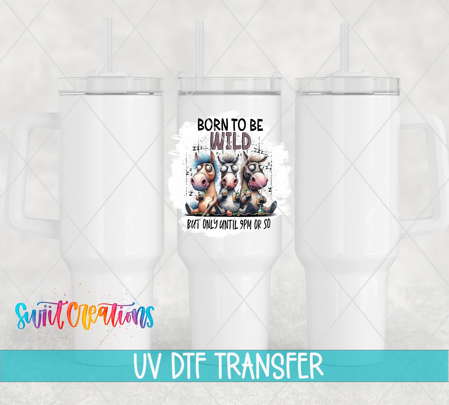 The image is a promotional image for a UV DFT (Volumetric Data Transfer) transfer service, featuring a design of three white tumblers with a colorful, whimsical illustration of three cartoon animals.
