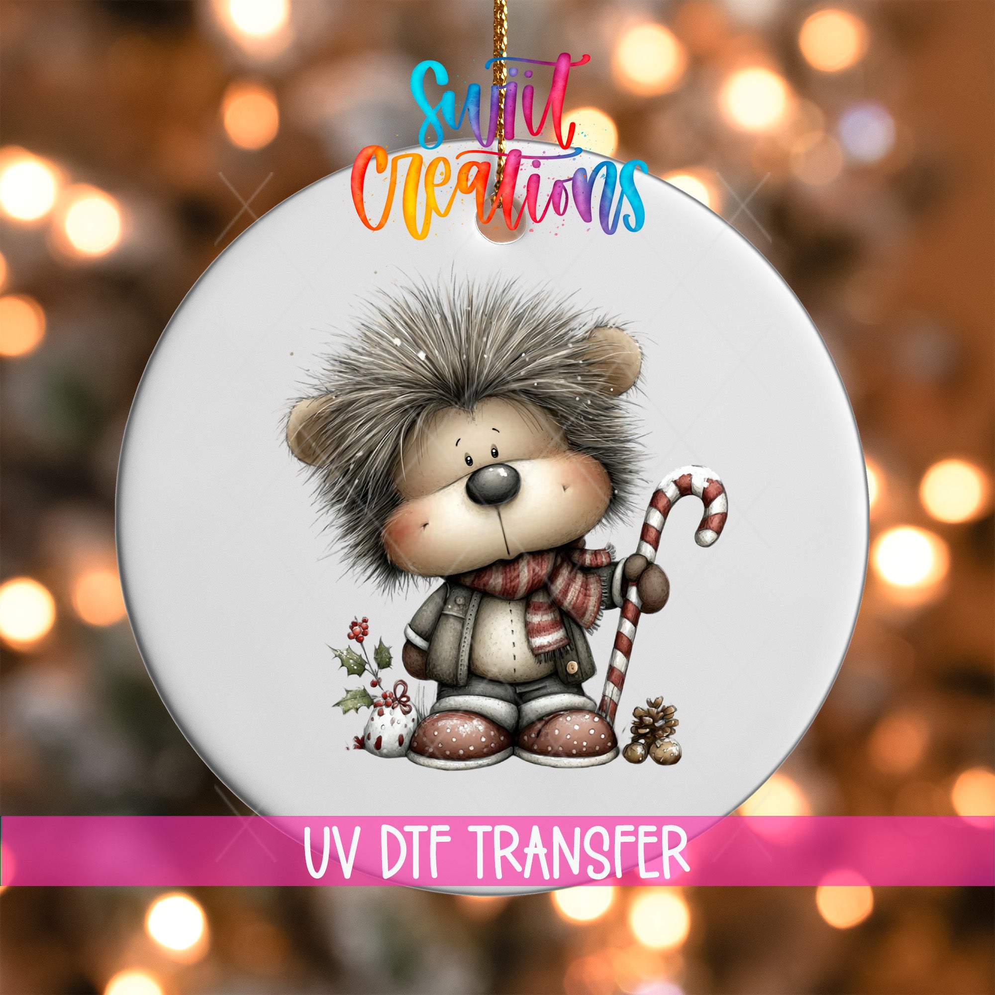 A round ornament featuring a cartoon hedgehog character holding a candy cane and surrounded by holiday decorations, including a Christmas tree with twinkling lights in the background.