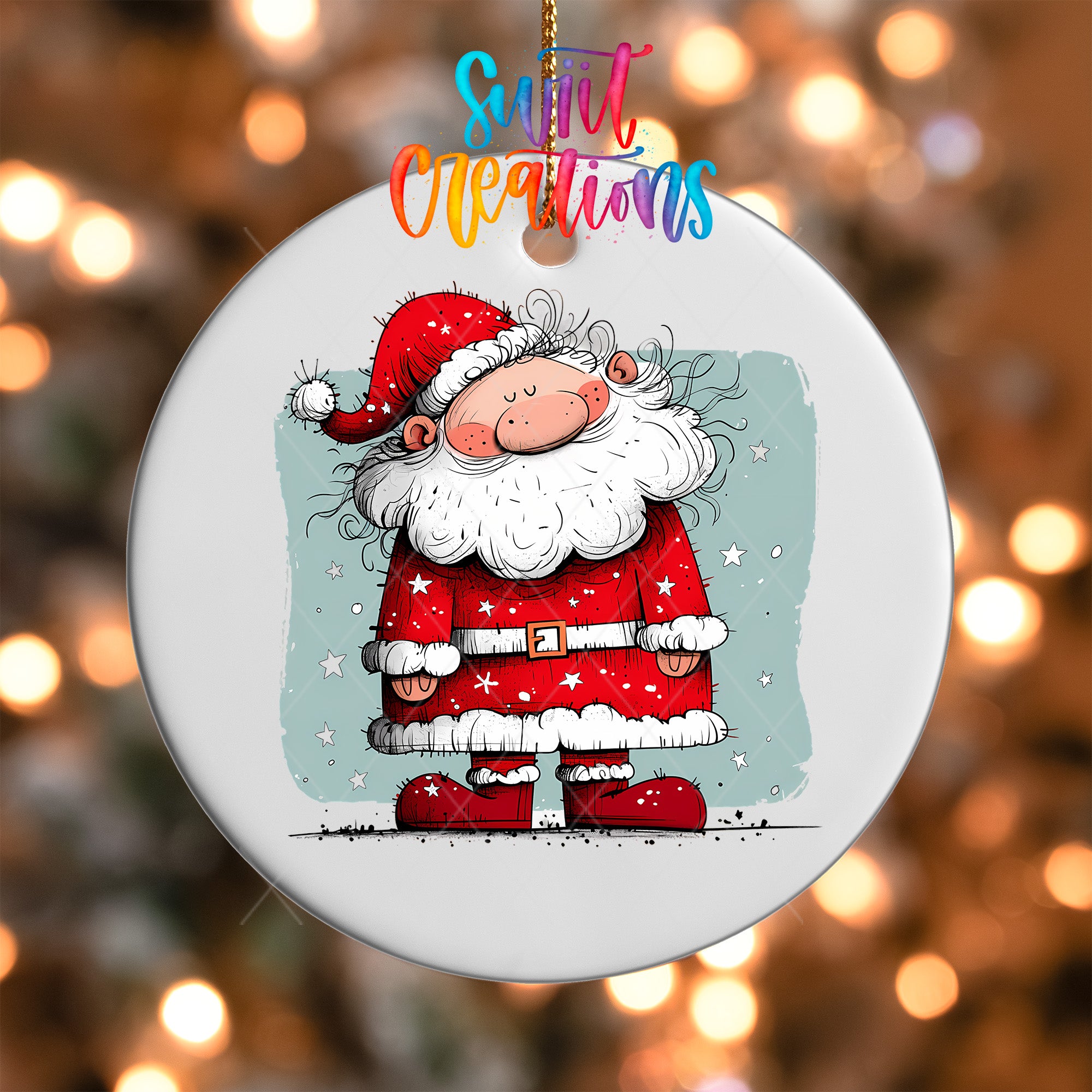 A white ornament featuring a cartoon Santa Claus character wearing a red suit with white stars.