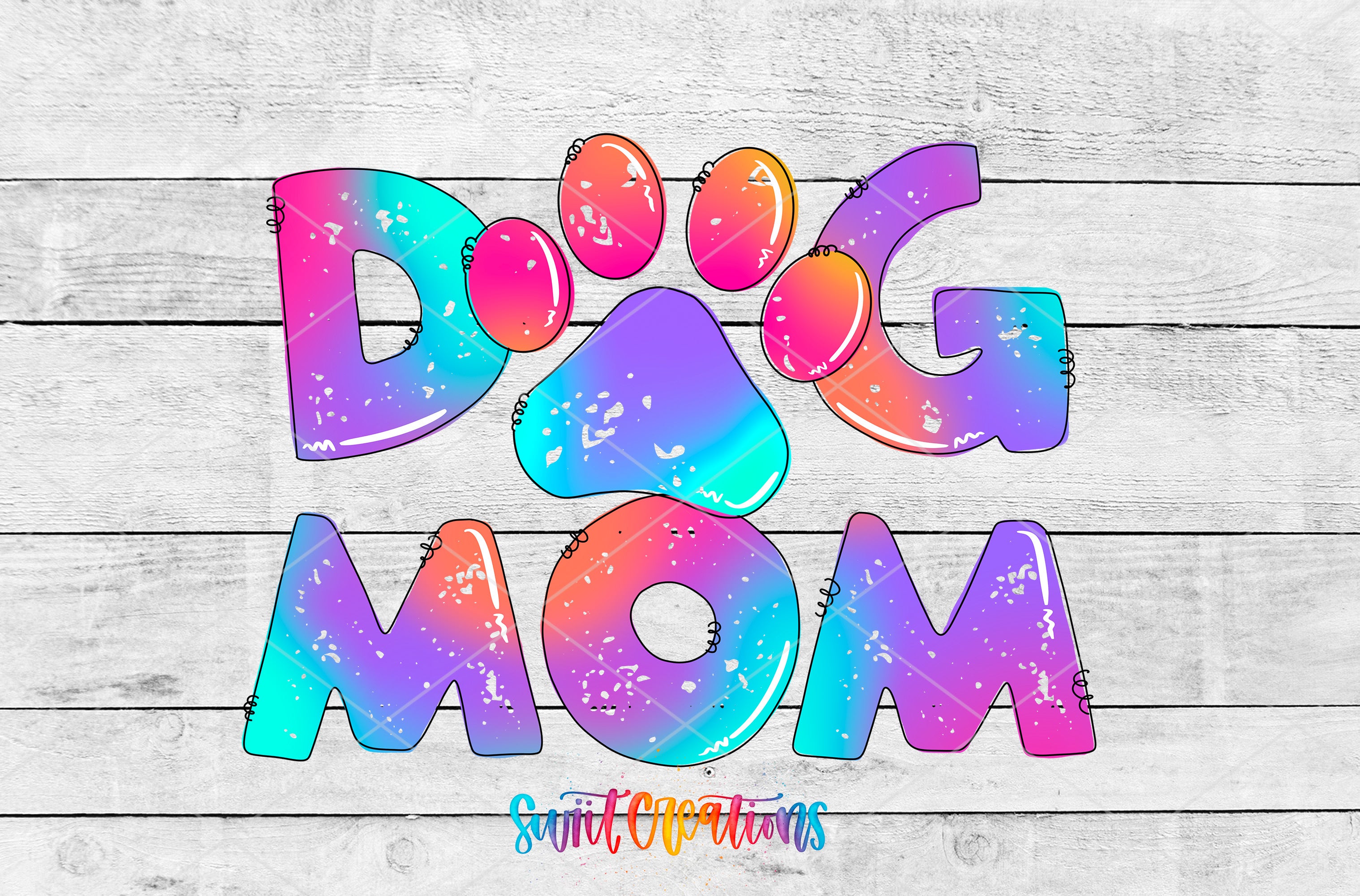 A colorful and vibrant graphic design featuring the word "DOG MOM" in a playful and creative style, with the letters in various colors and shapes.