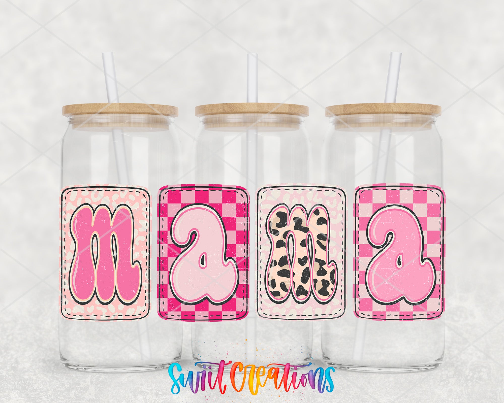 Three glass jars with straws, each with a label that spells out the name "Mama" in a stylized, colorful font.