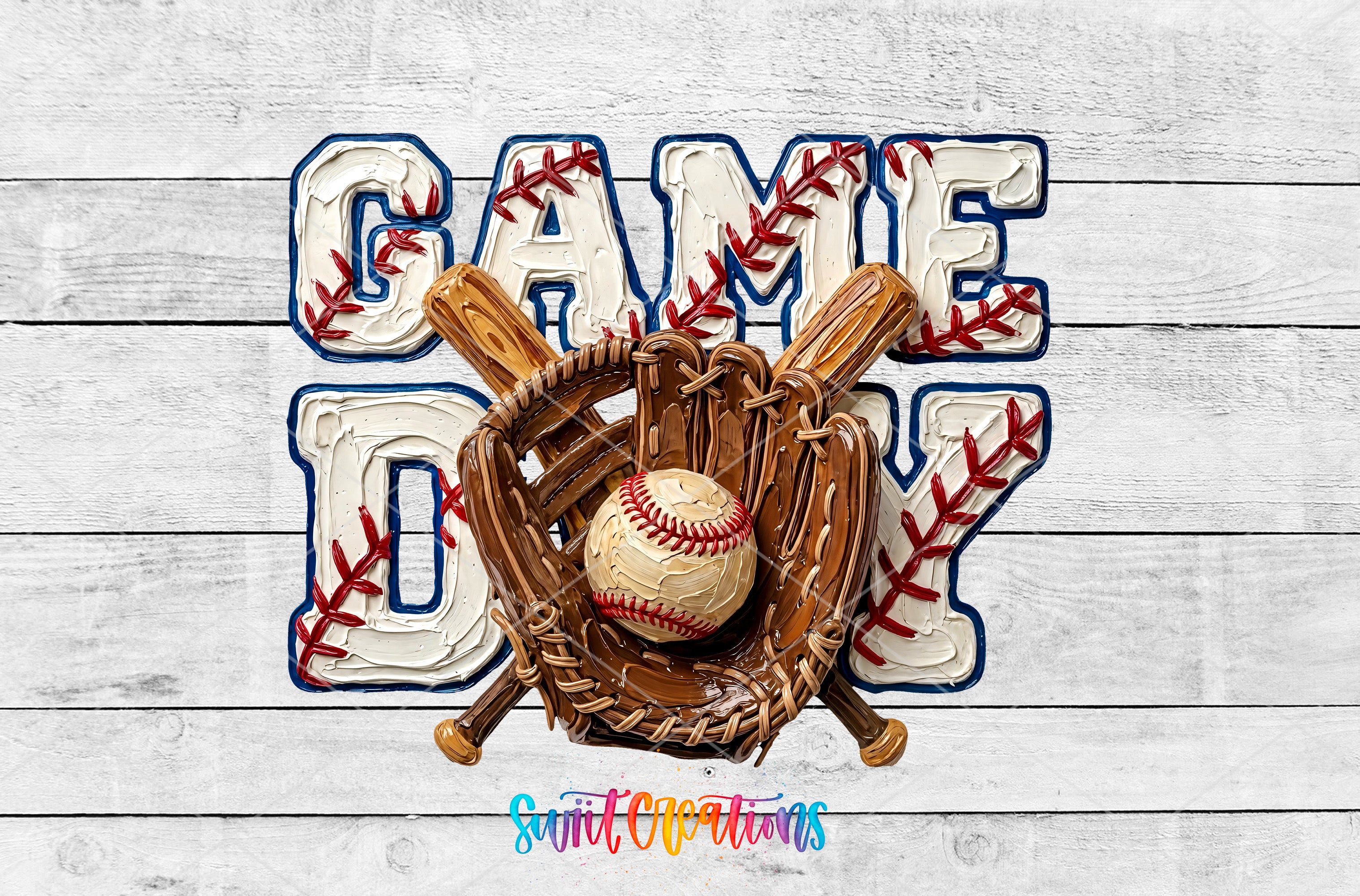 a baseball glove, ball, and bat arranged in a playful manner, with the word "GAME DAY" written in a decorative font.