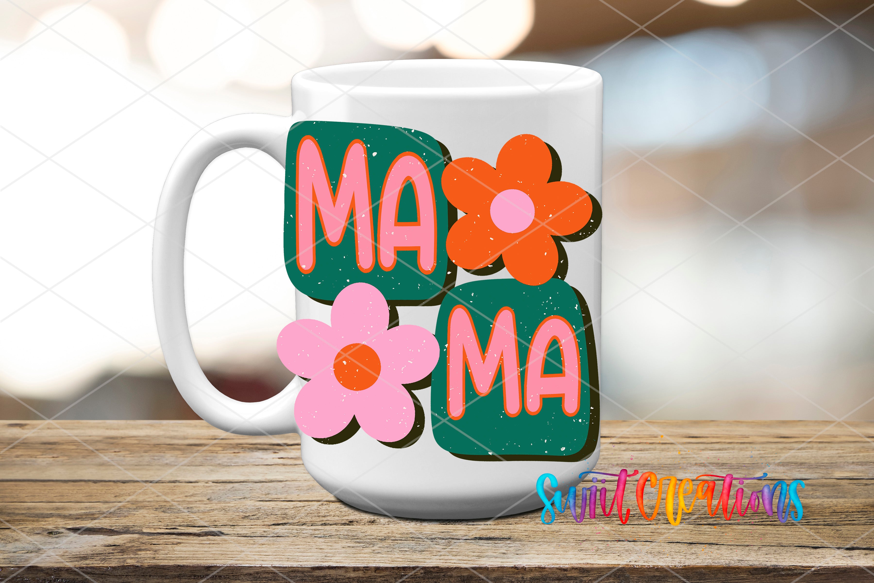 A white mug with the text "MA" and two flower-shaped stickers on it, placed on a wooden surface.