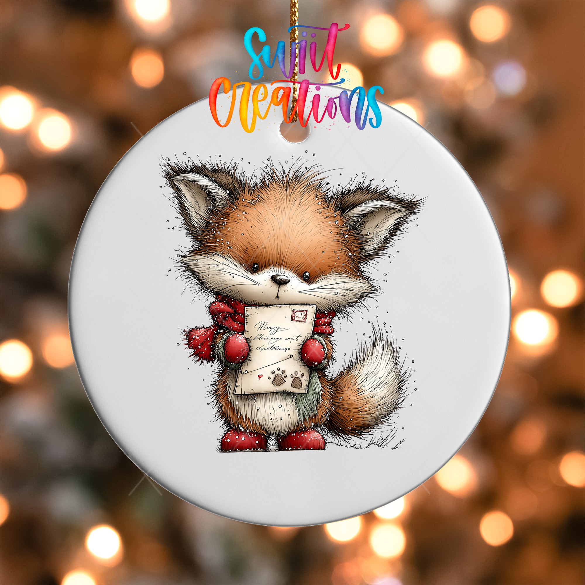 A ceramic ornament featuring a cartoon illustration of a fox holding a letter, with a colorful background.