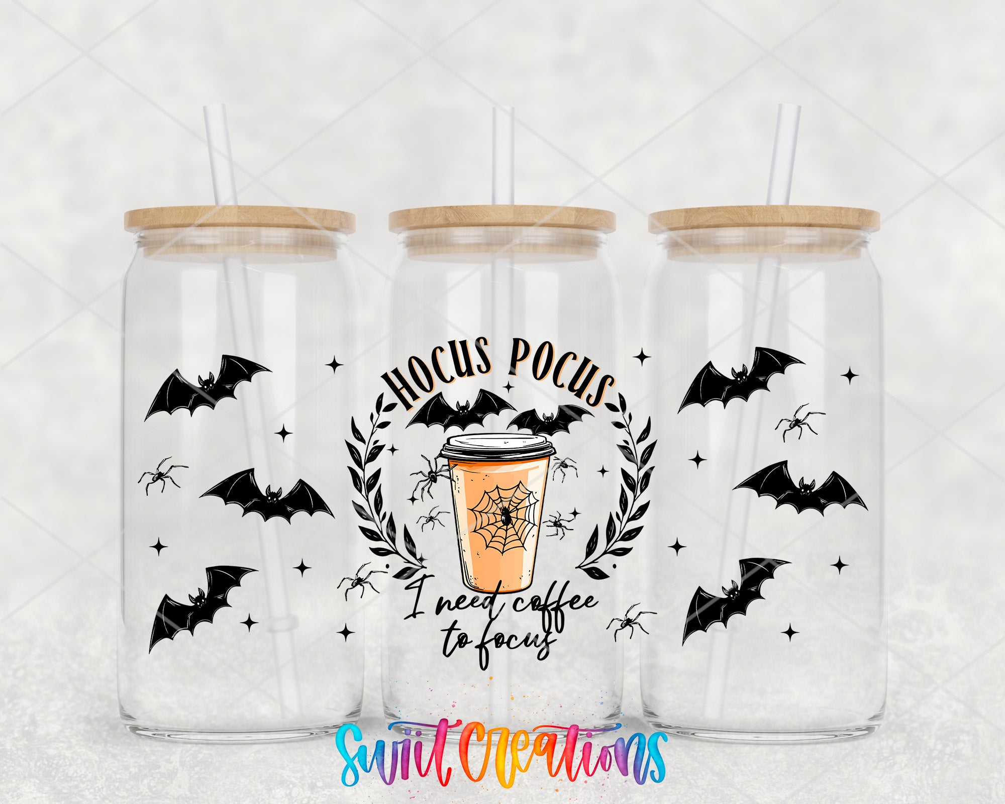 three clear glass tumblers with black bat designs and a coffee cup illustration, along with the text "Hocus Pocus" and "I need coffee to focus".