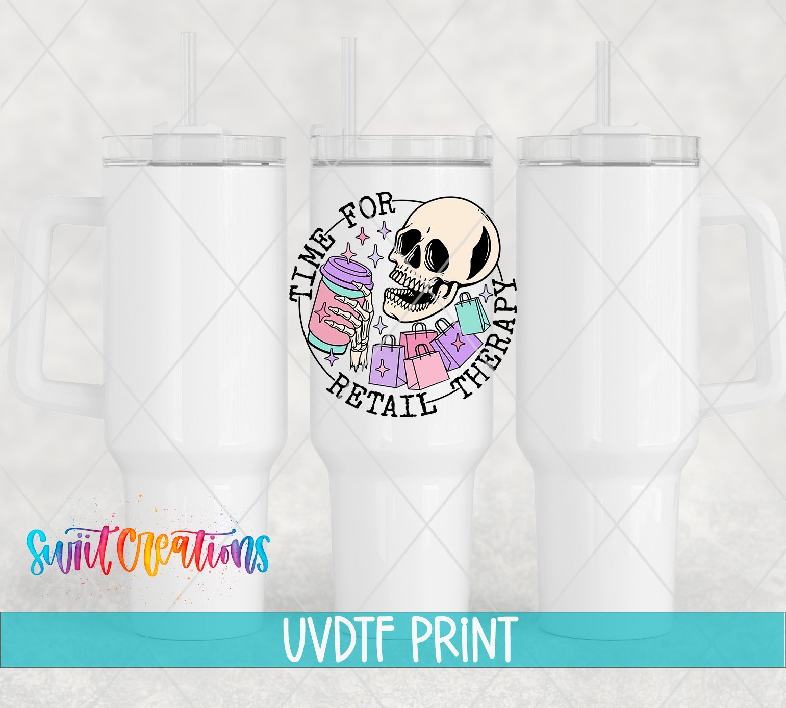 a white ceramic mug with a colorful design and text that reads "Time for Retail Therapy".
