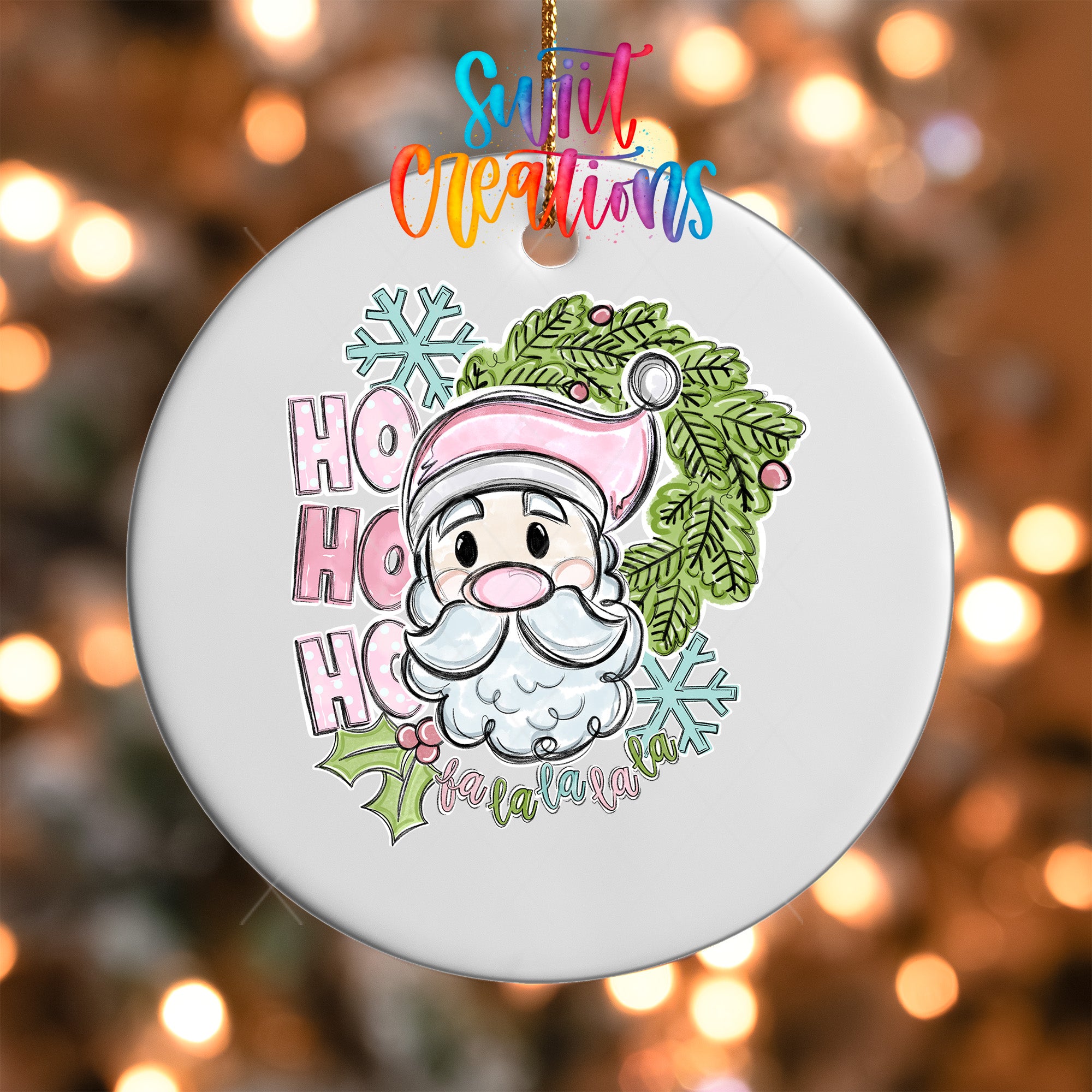 A white ornament with a Santa Claus face and the text "HO HO HO" is hanging against a background of colorful lights.