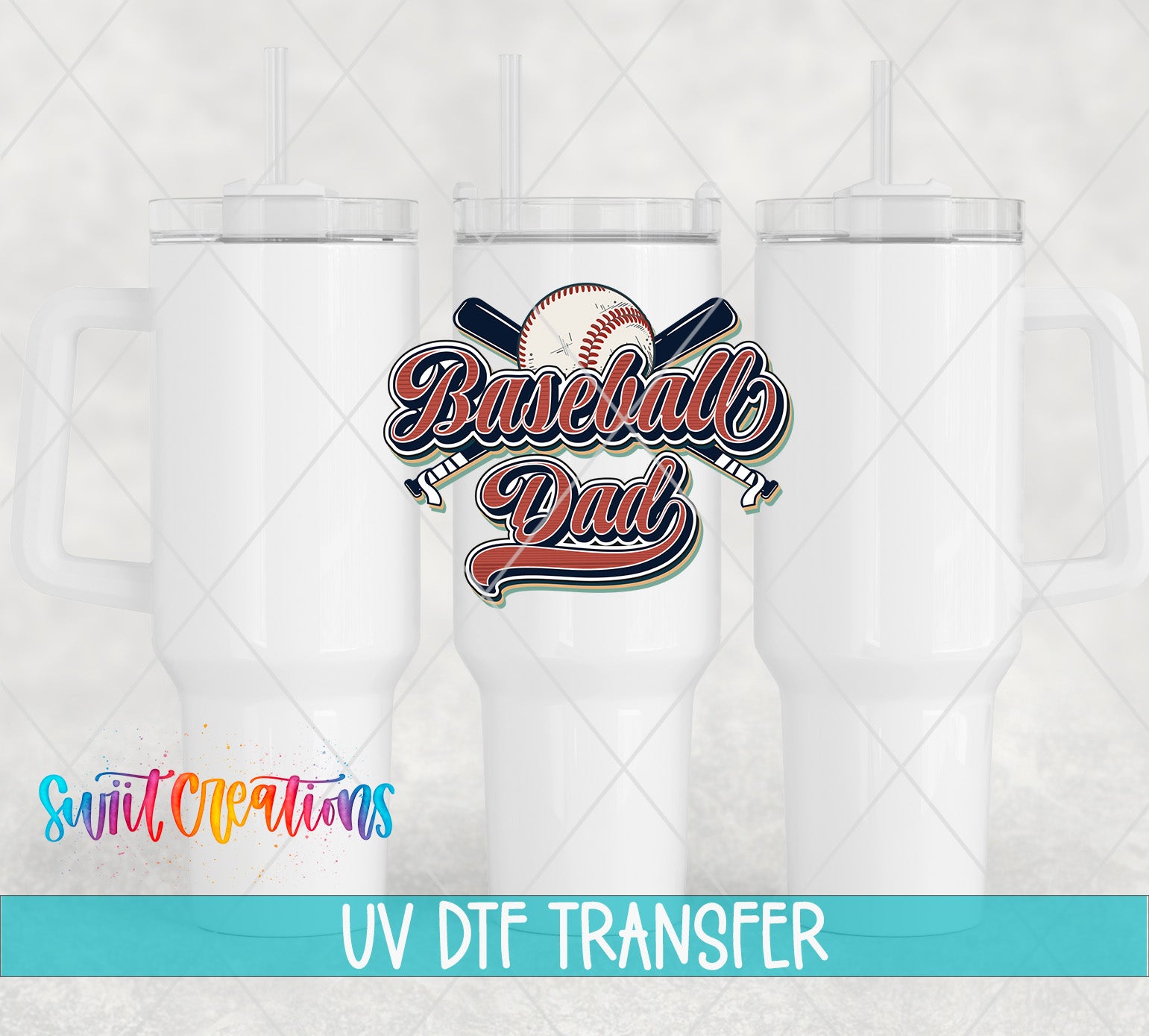 three white tumblers with a baseball-themed design, including a baseball bat and a baseball. The text "Baseball Dad" is displayed prominently in the center of the tumblers.