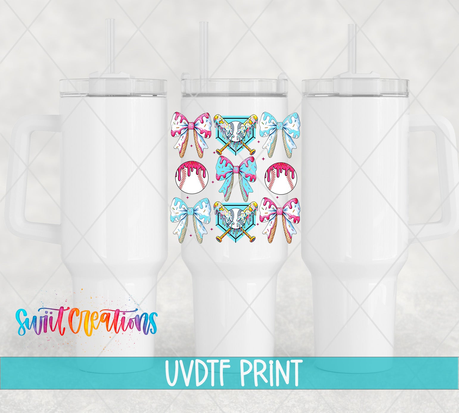 three white tumblers with a colorful, cartoon-like design on the front.