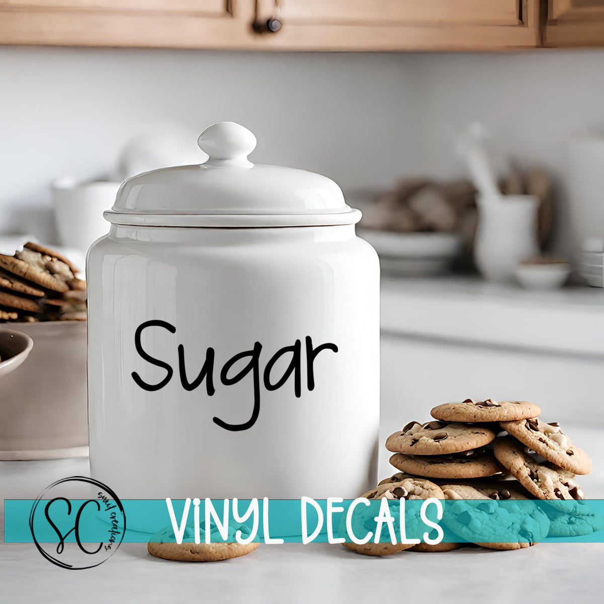 a cookie jar sitting on top of a counter next to a pile of cookies