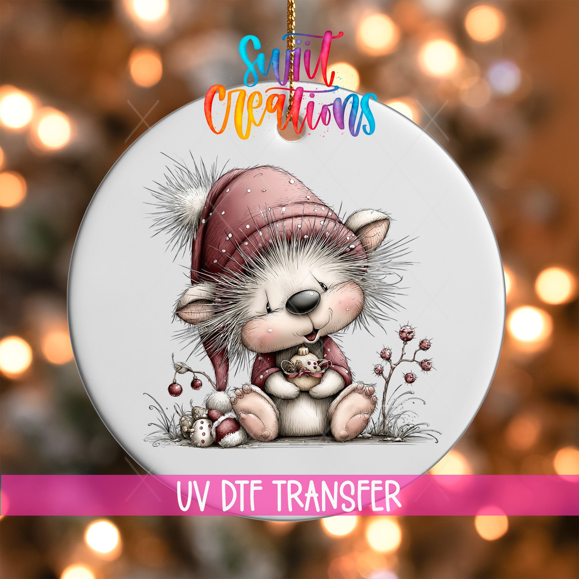 A round ornament featuring a cute cartoon character wearing a red hat and holding a small animal, with a background of colorful lights.