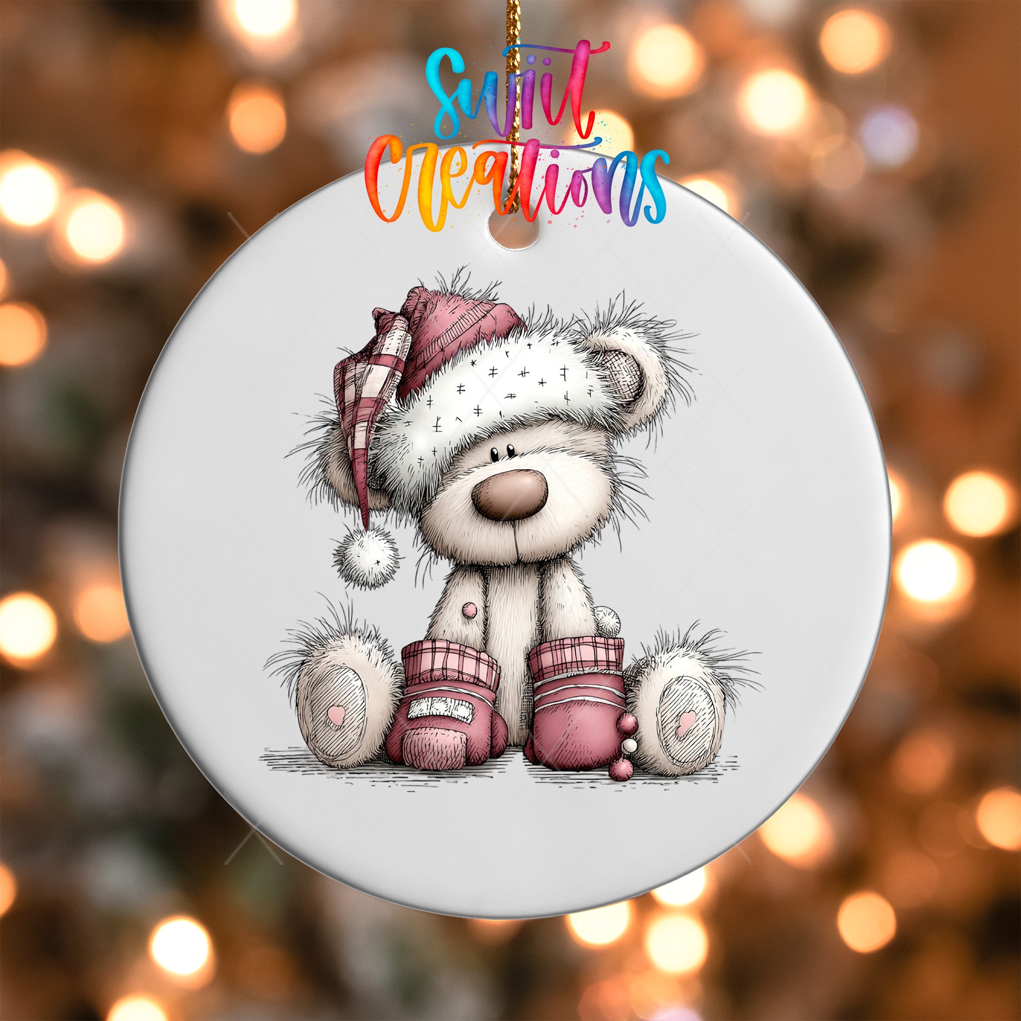A white teddy bear wearing a red hat and pink mittens is depicted in the center of the image, surrounded by a blurred background of lights.