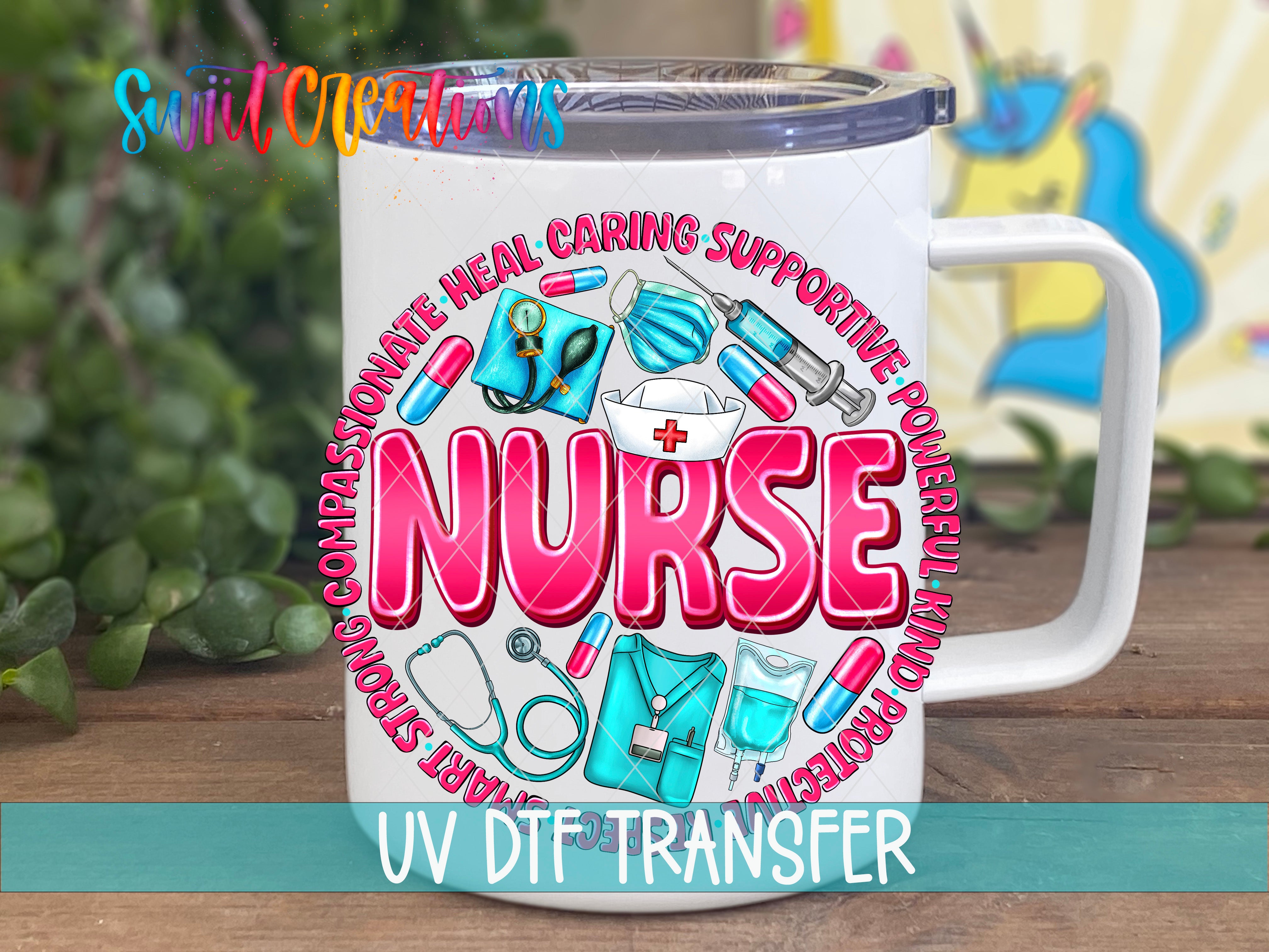 A white mug with a colorful design featuring the word "NURSE" surrounded by medical symbols and text, including a stethoscope, syringe, and other medical equipment.