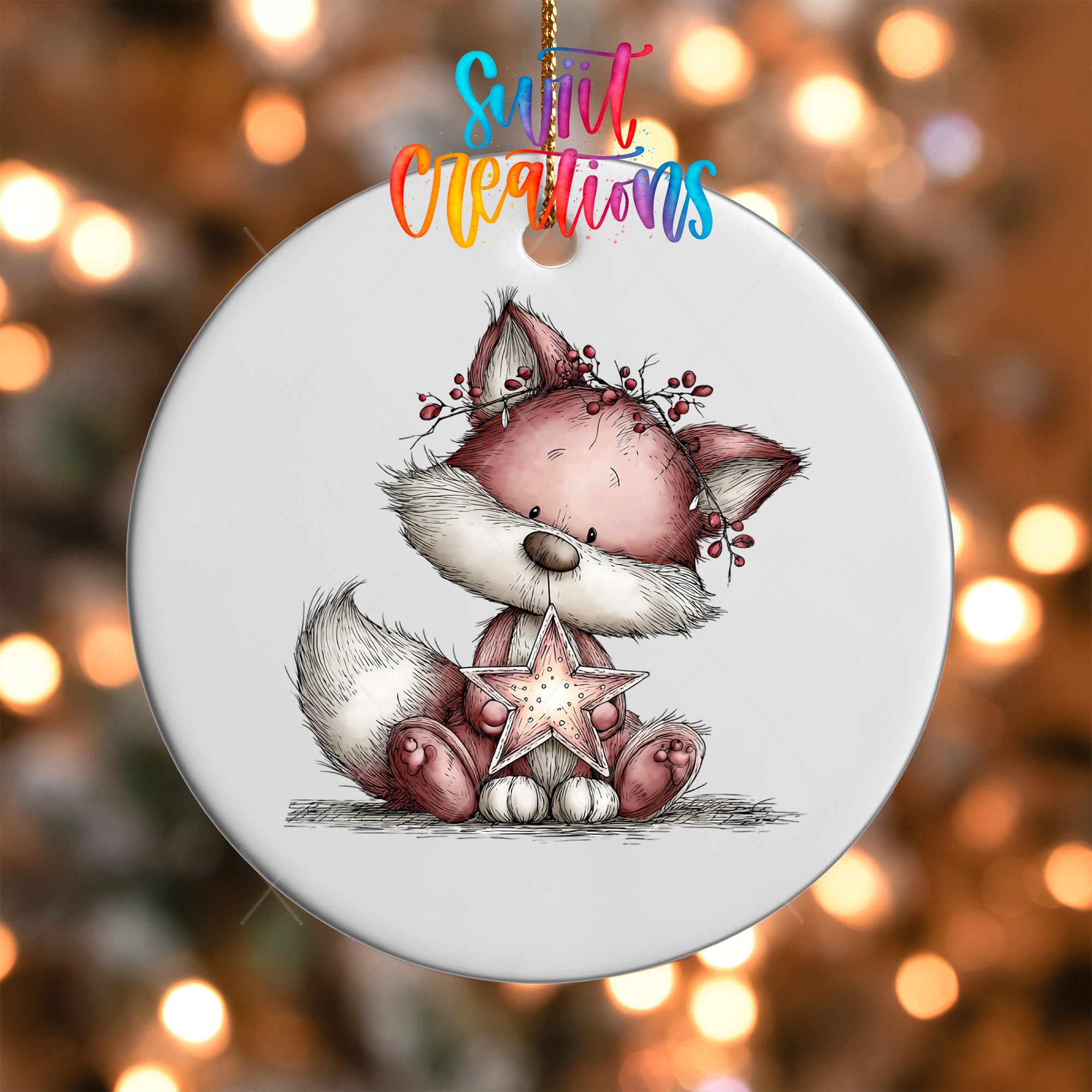 A ceramic ornament featuring a cute cartoon fox holding a star, with a colorful background of lights.