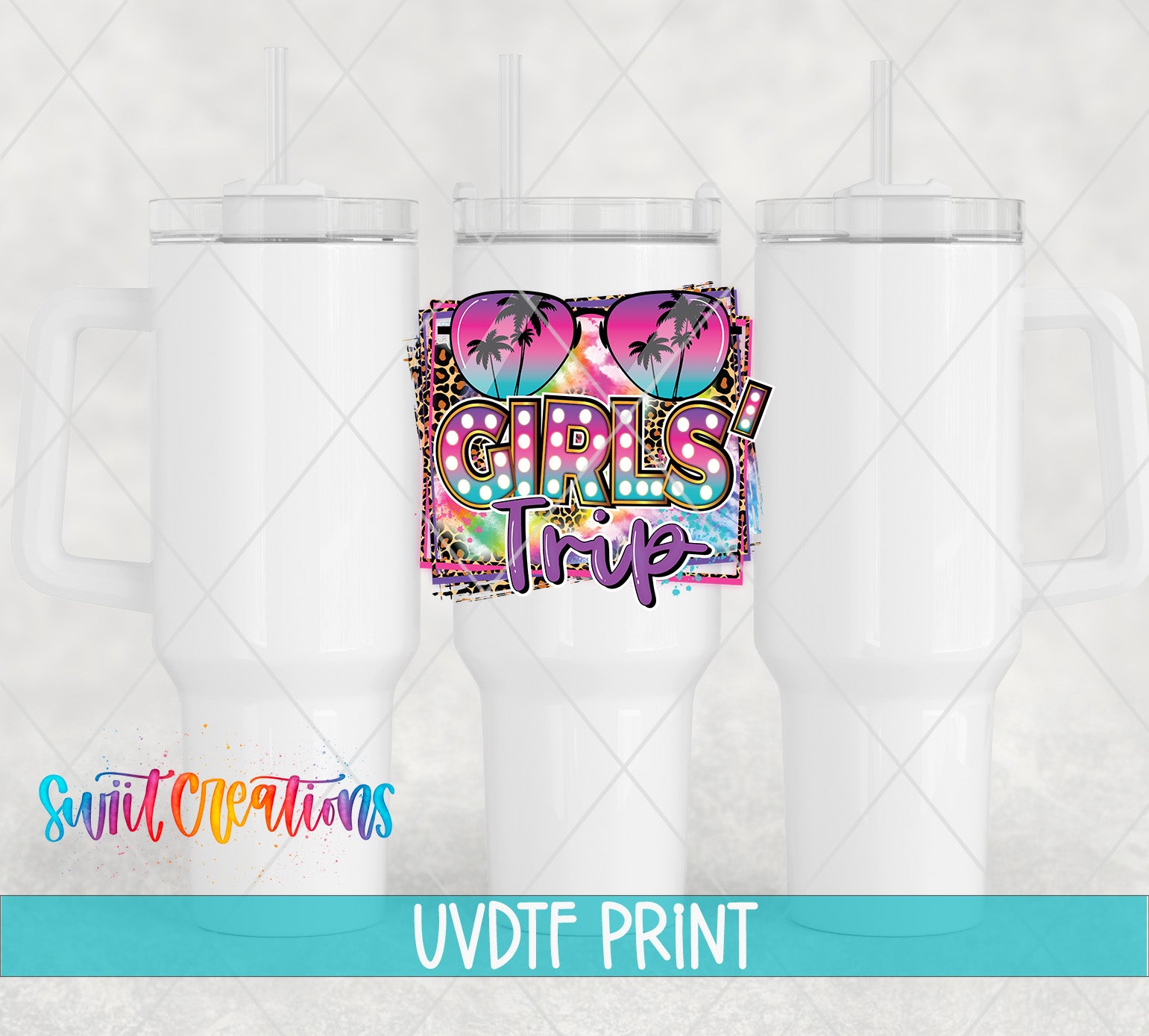three white tumblers with a colorful graphic design on them, including sunglasses and palm trees.