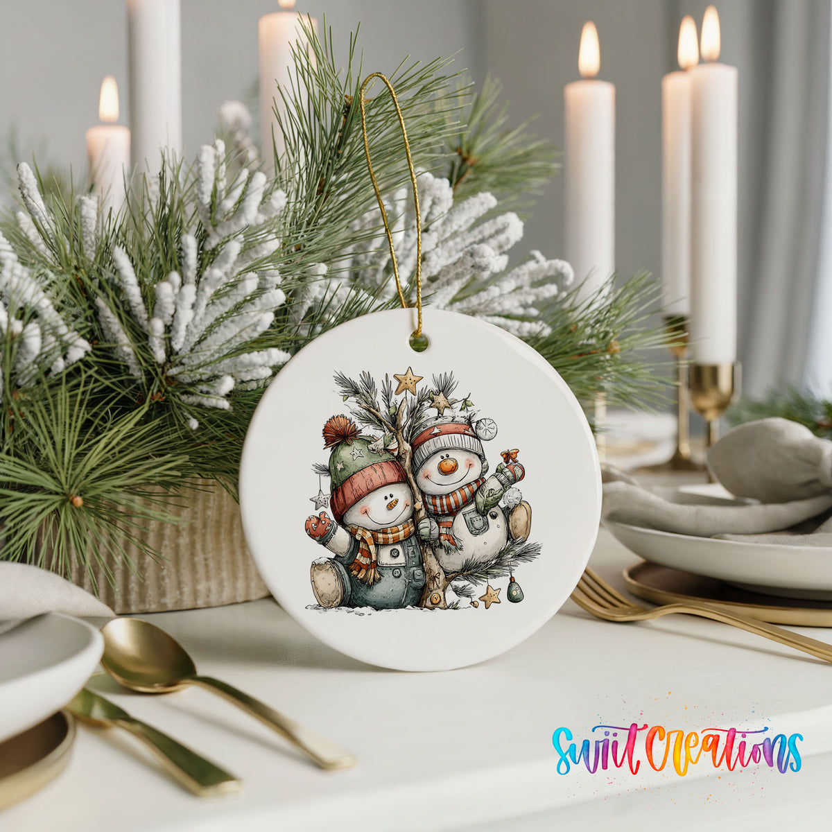 A white ceramic ornament featuring two snowmen is displayed on a table, surrounded by candles, plates, and silverware.