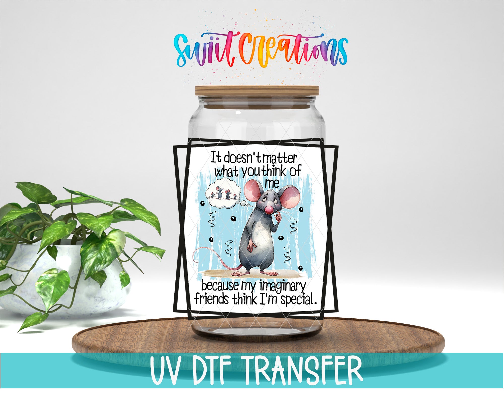 a glass jar with a mouse and a plant on a wooden surface, accompanied by a colorful text overlay.