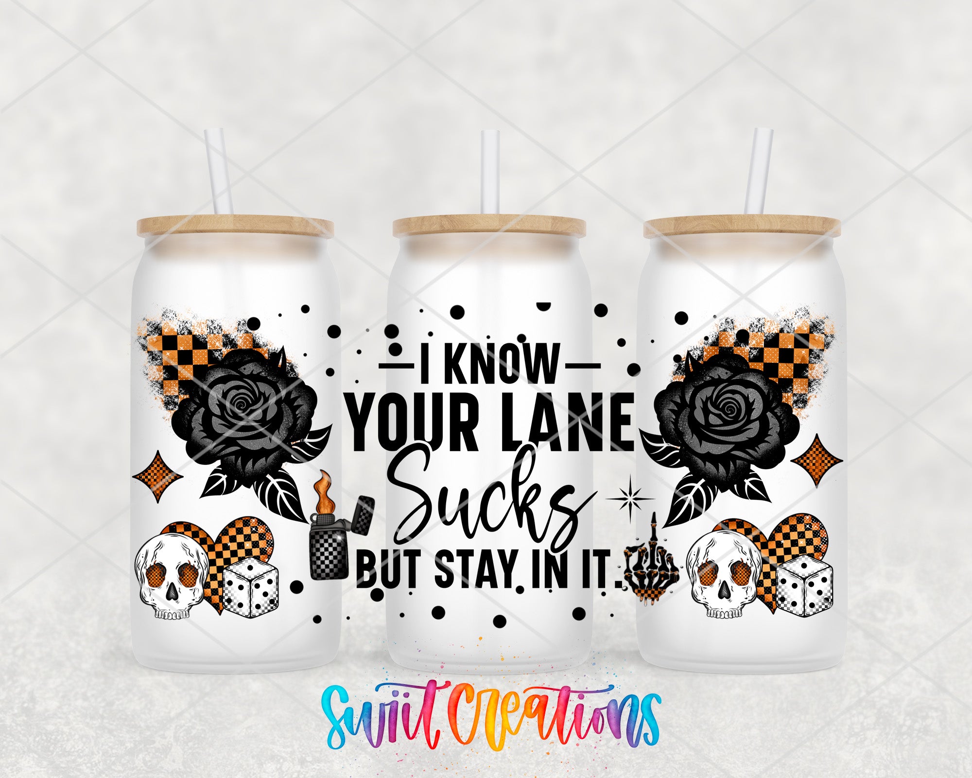 three white tumblers with black and orange designs and text on them.