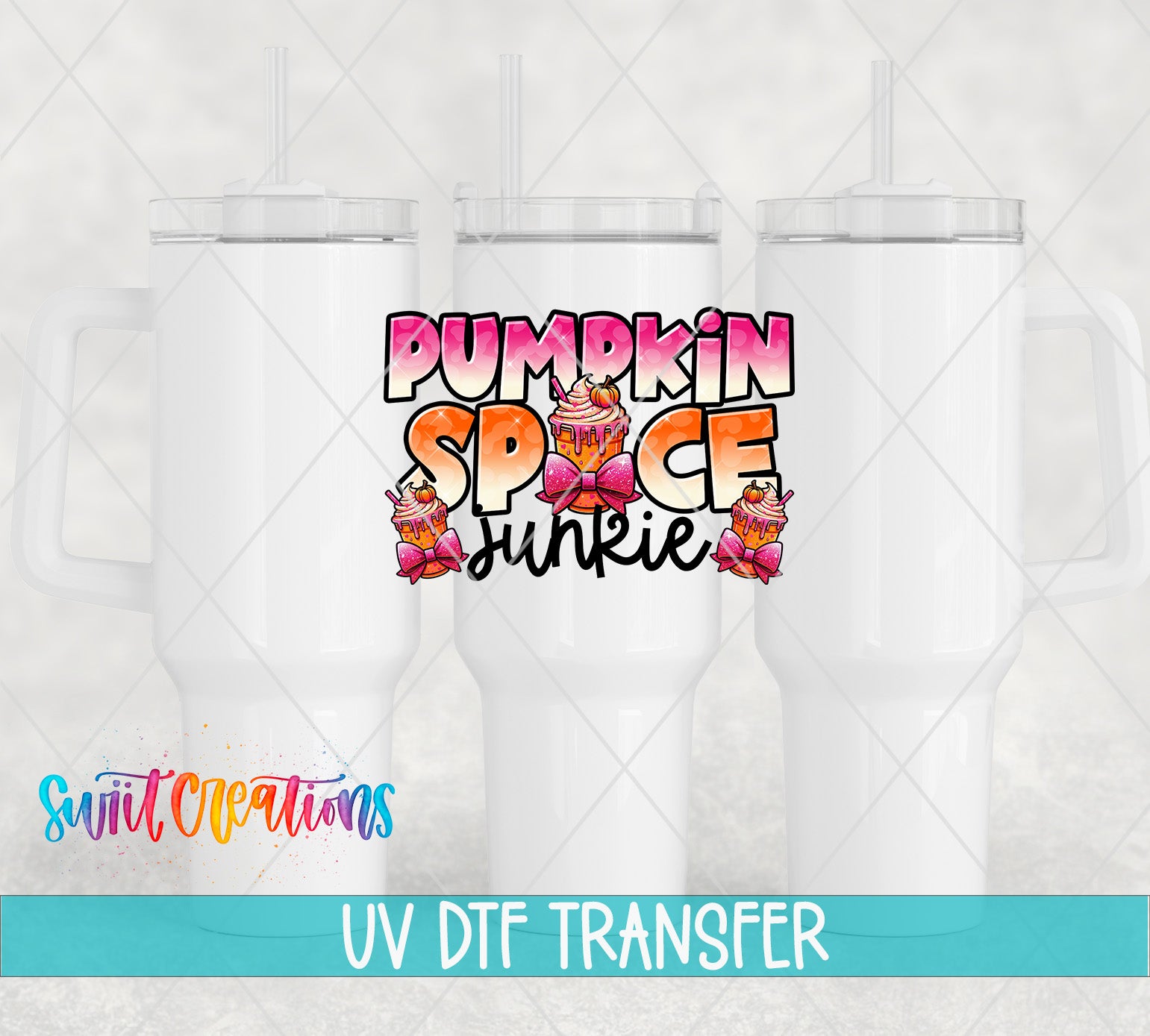 a white mug with a pumpkin spice design and the text "Pumpkin Spice Junkie" printed on it.