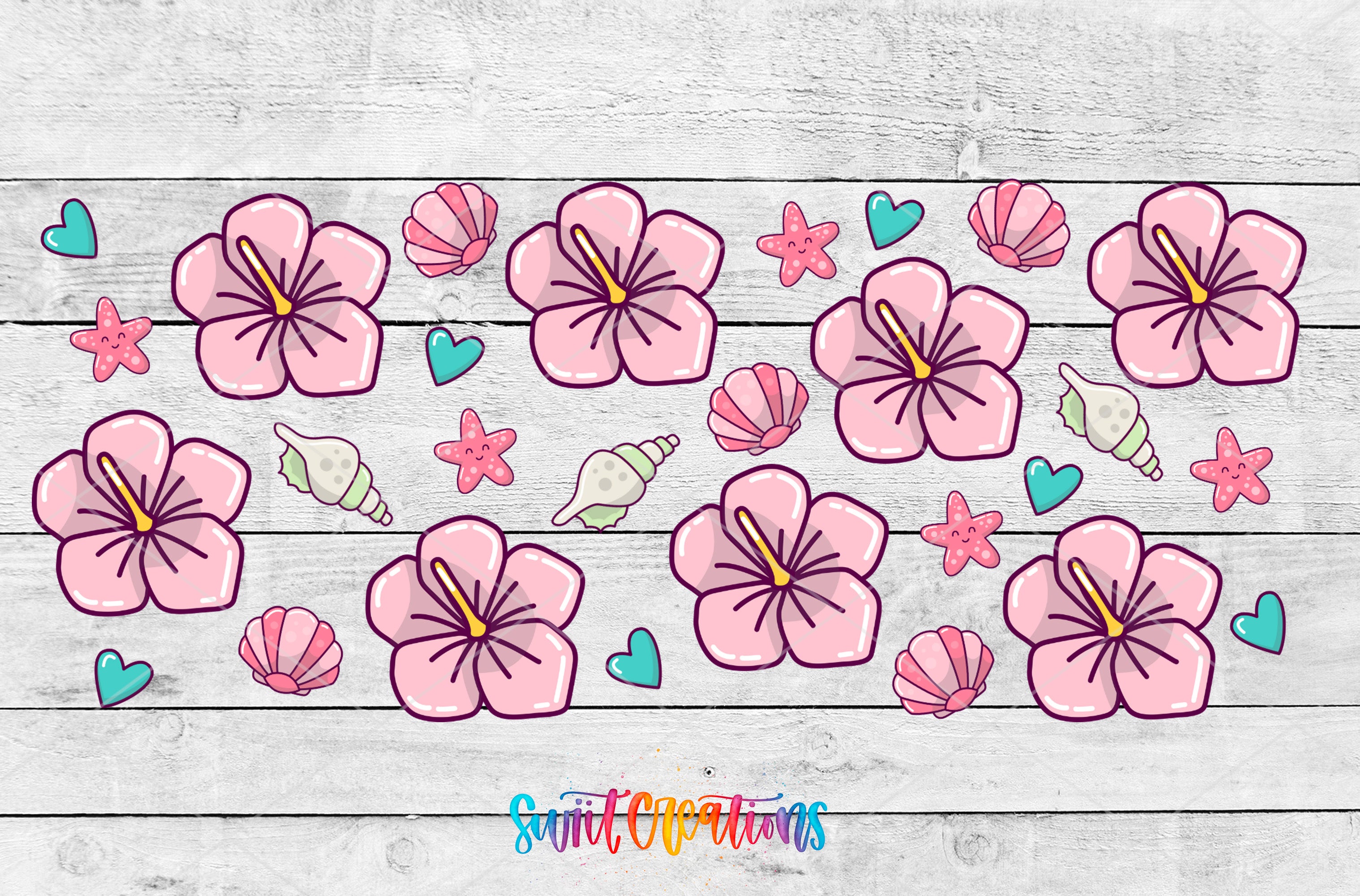 a collection of pink flowers, seashells, and starfish arranged on a wooden background.