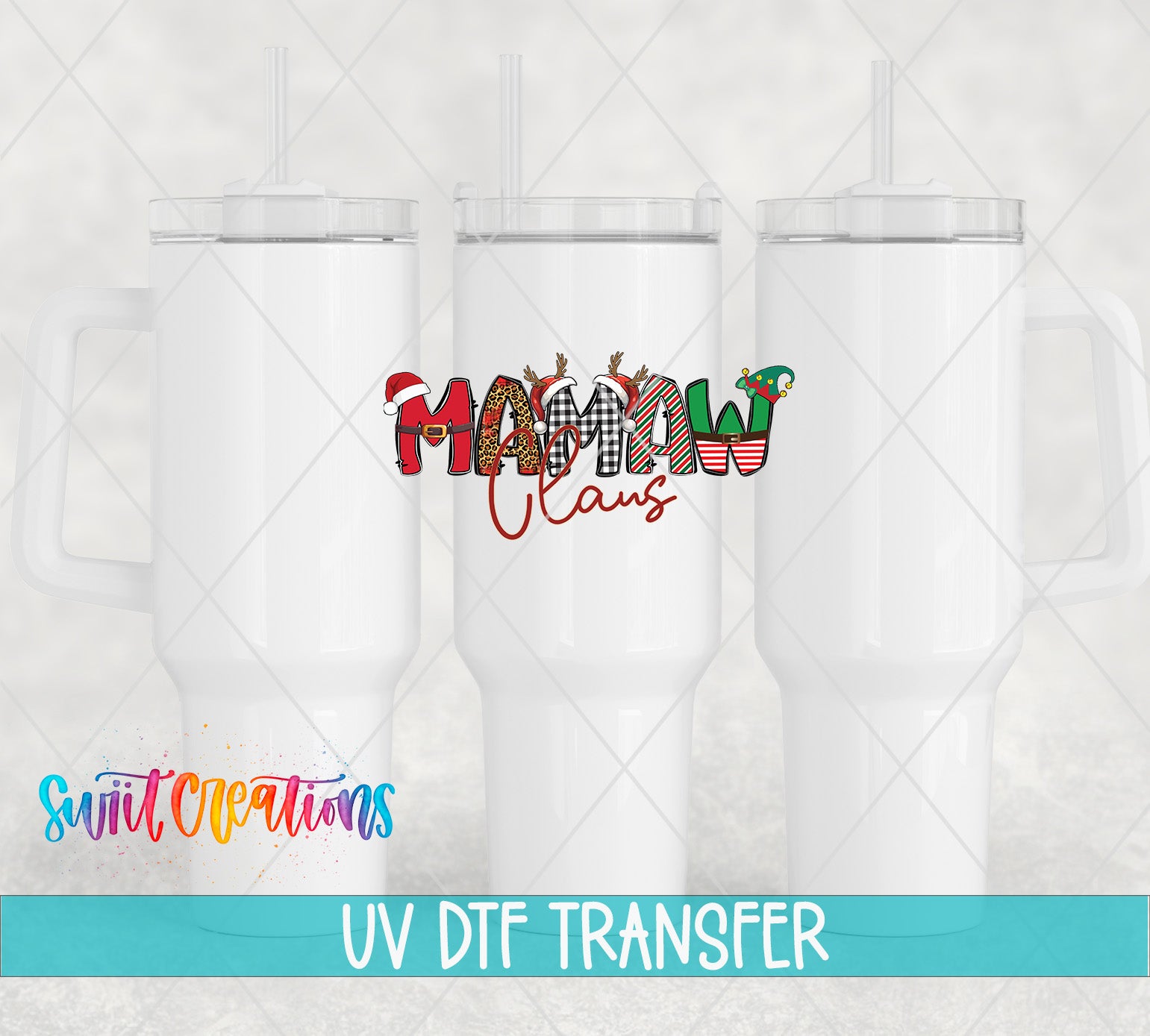 three white tumblers with a colorful design on them, including the text "MAMMA CAUS" and the text "Swit Transfers" below the tumblers.