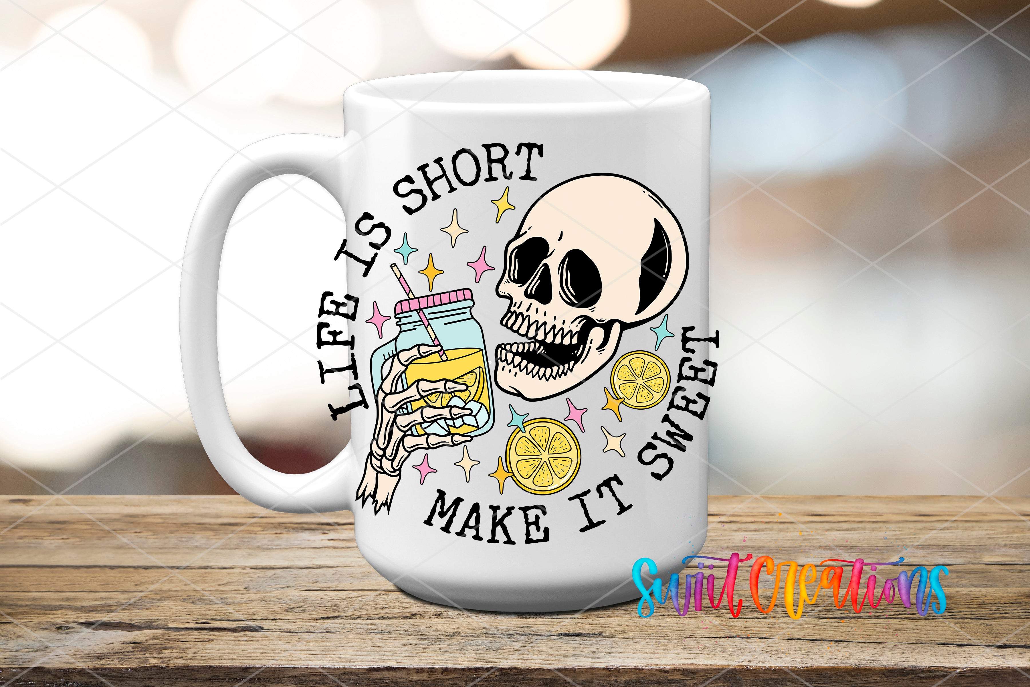 A white ceramic mug with a skull and a jar of lemonade, along with the text "Life is short, make it sweet" and "Life is sweet, make it short" printed on it.
