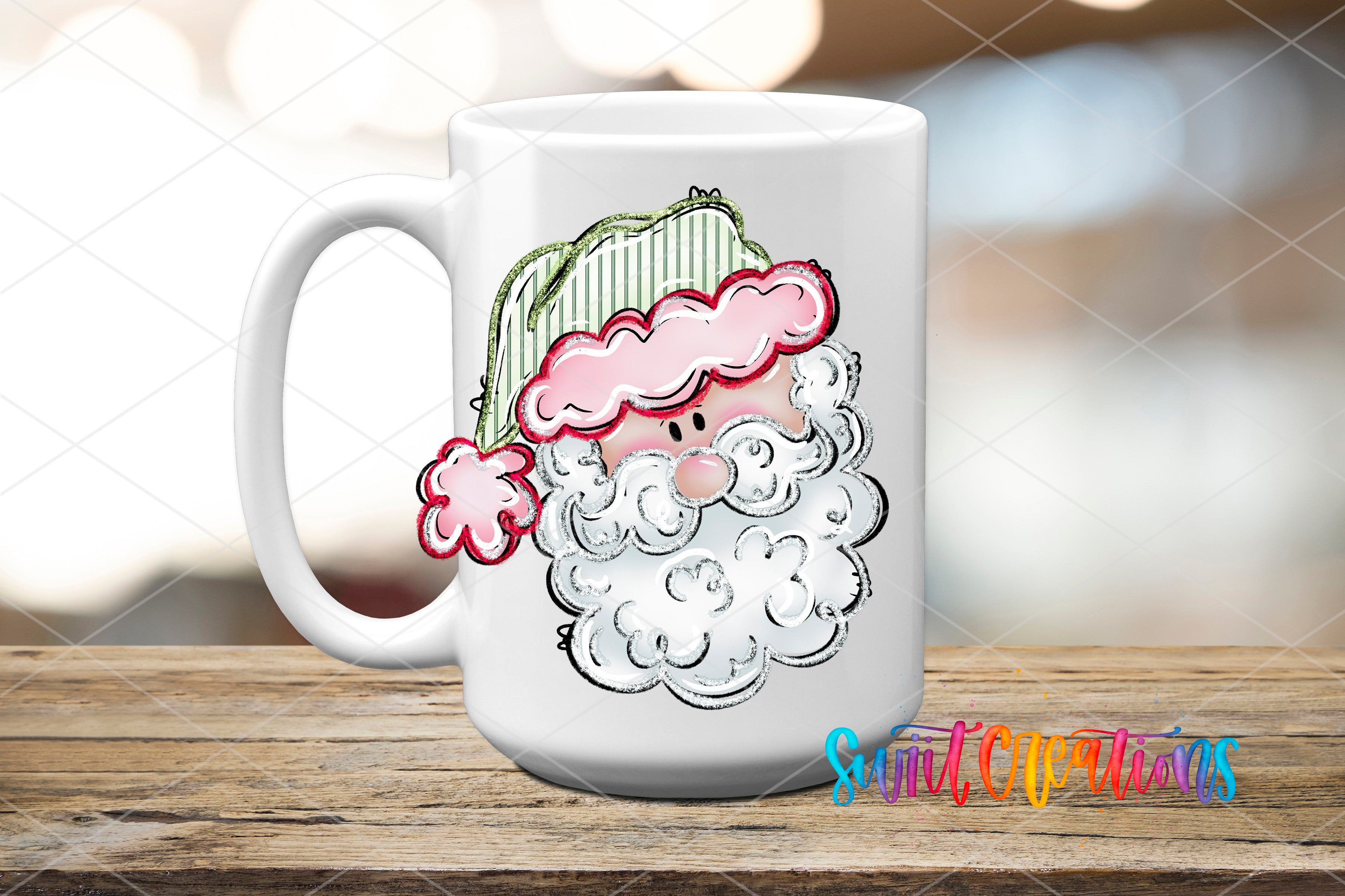 A white ceramic mug with a colorful illustration of a smiling Santa Claus wearing a green and red striped hat.