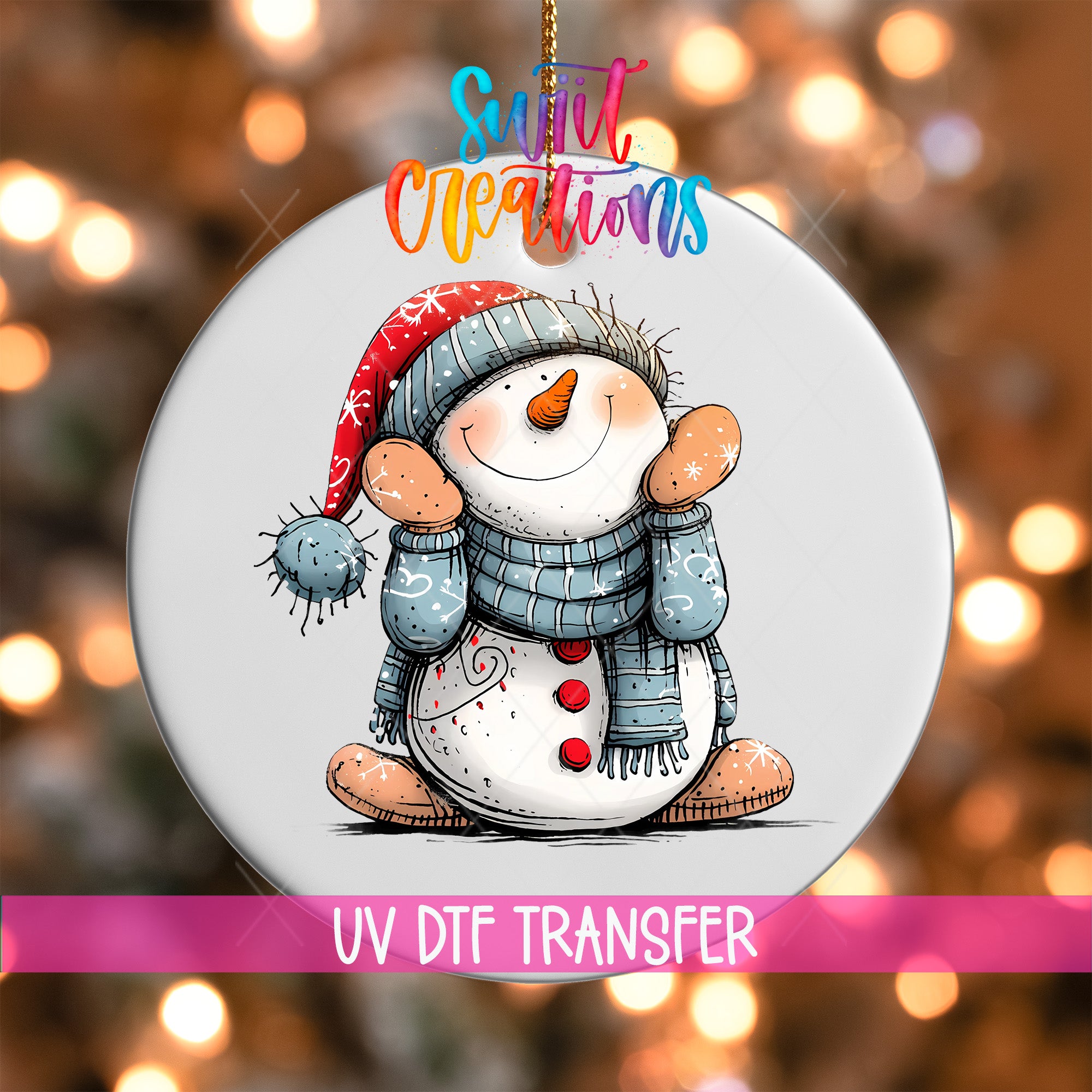 A snowman ornament with a hat and scarf, sitting on a white background with a colorful background.