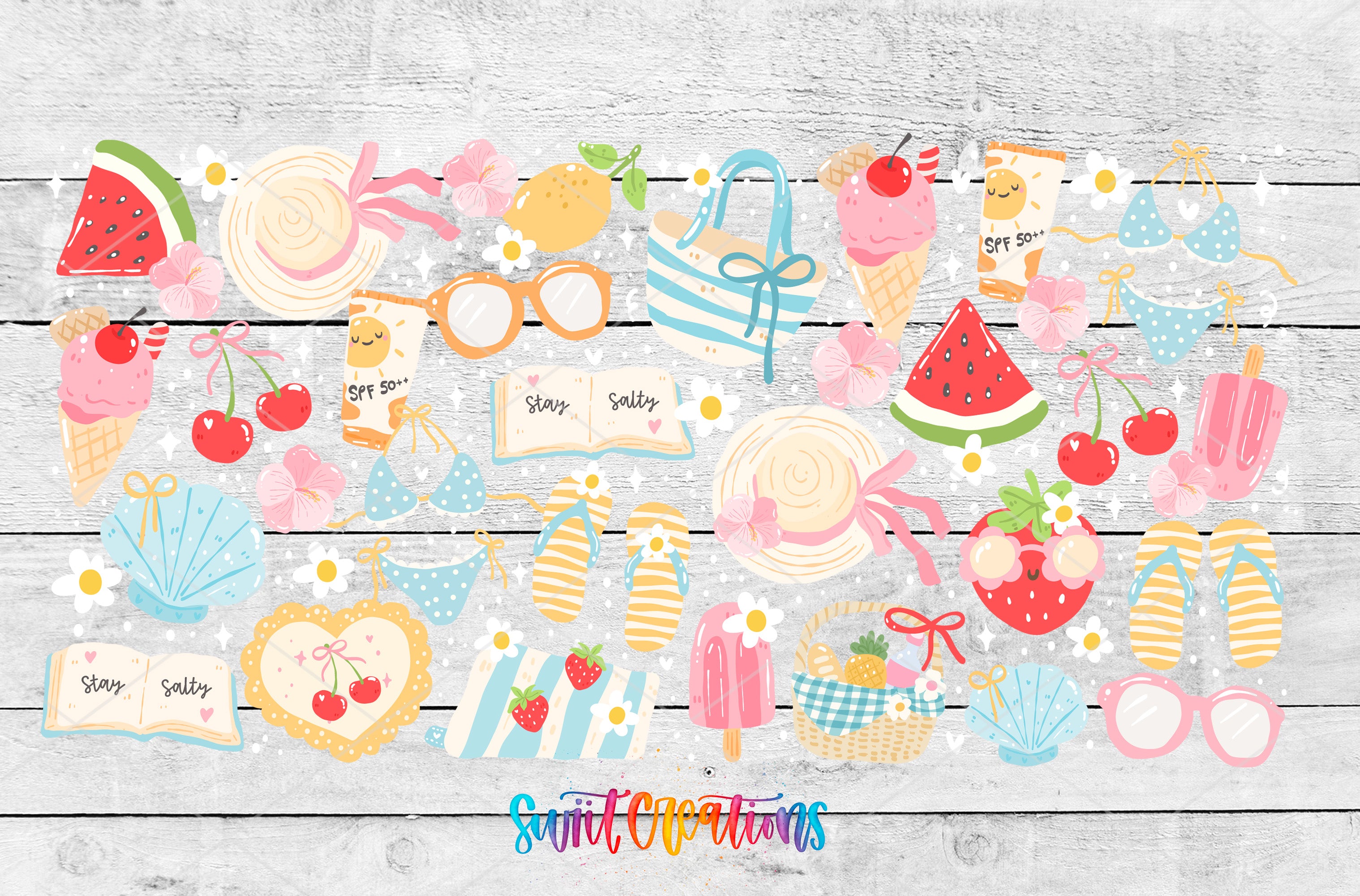 The image is a collage of various colorful and whimsical illustrations, including sunglasses, ice cream cones, flowers, and other summer-themed objects, all set against a wooden background.