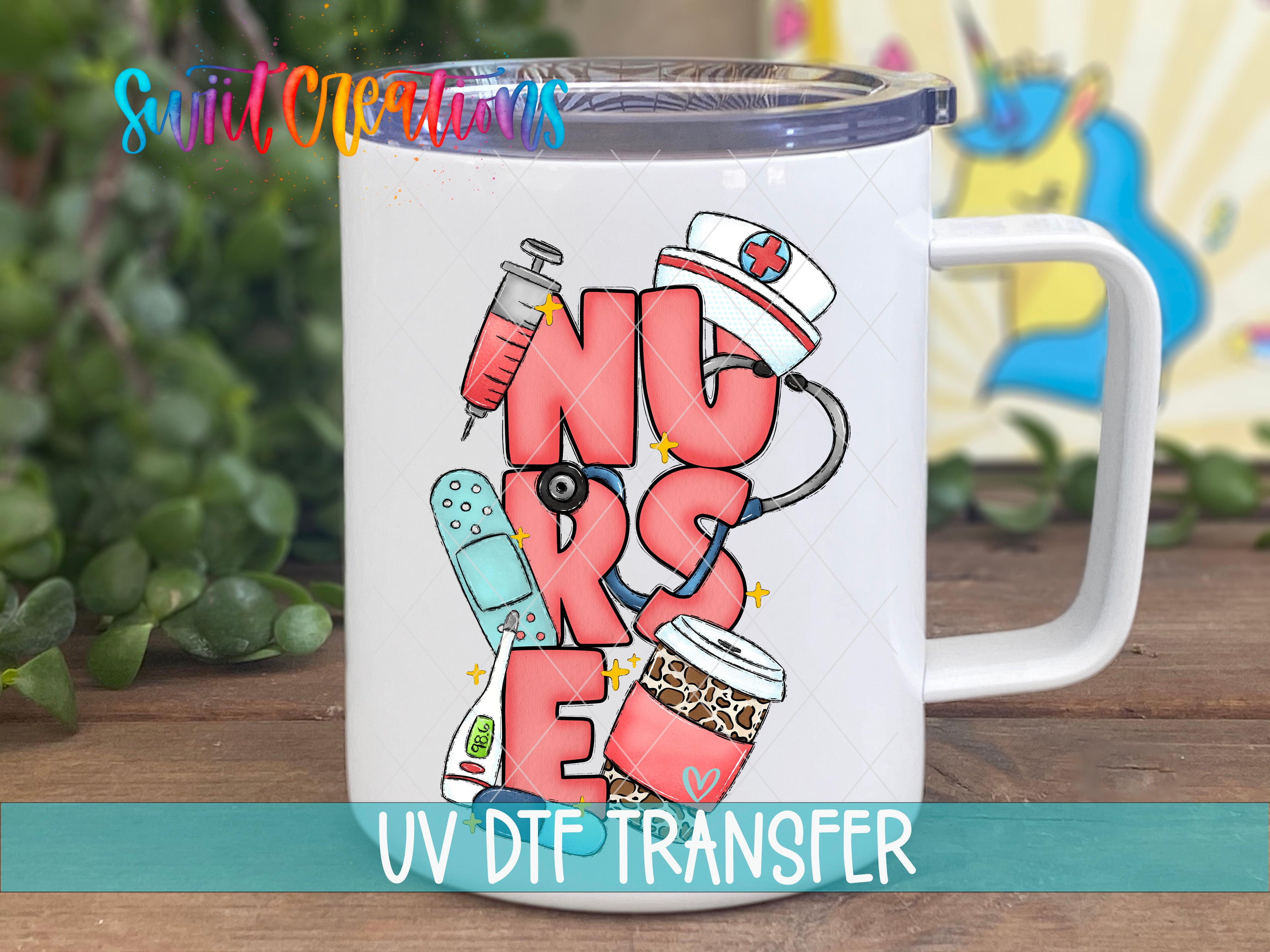 A white mug with a colorful design featuring medical equipment and the word "NURSE" written on it.