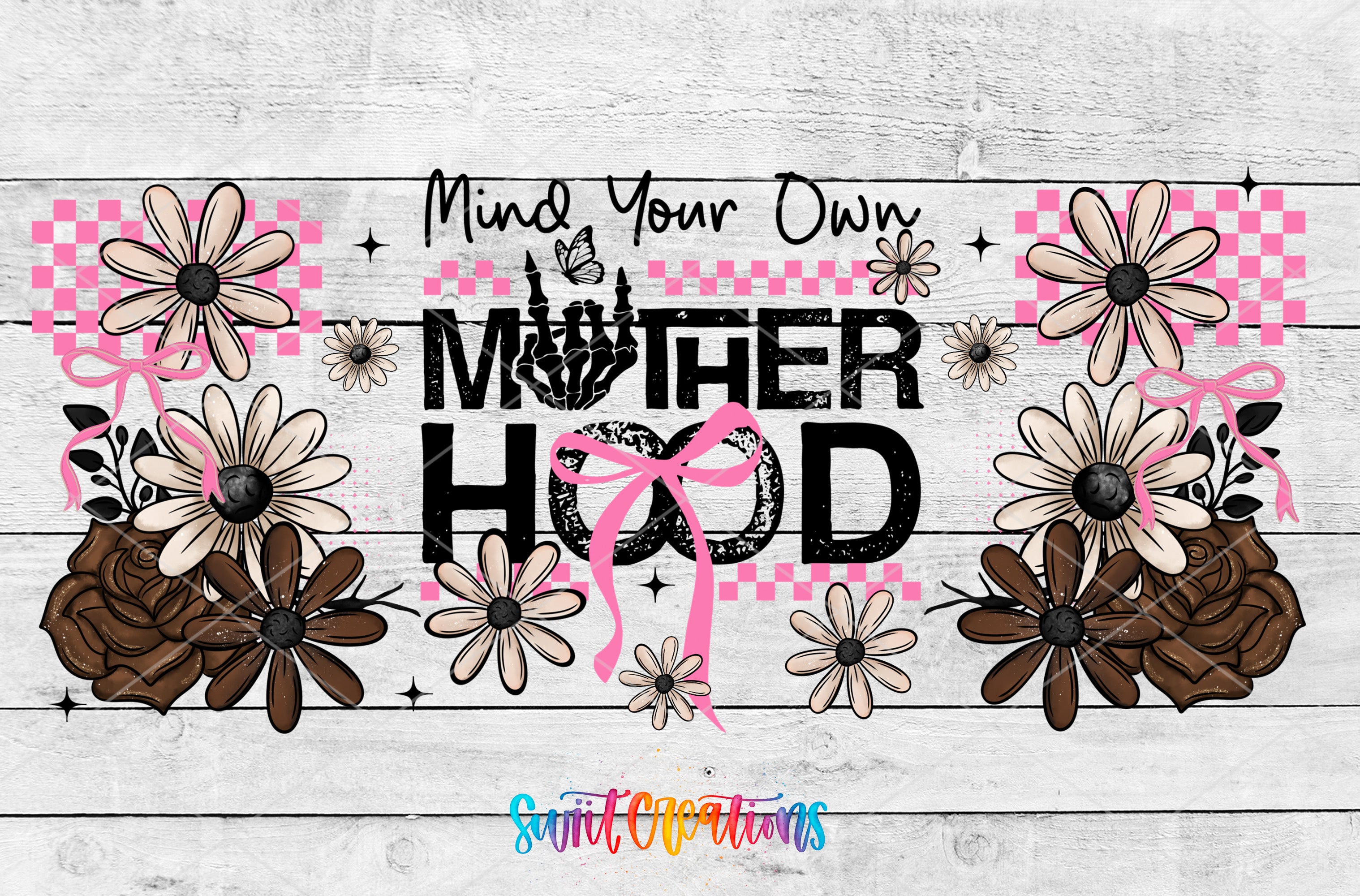 The image is a collage of various floral and decorative elements, including flowers, ribbons, and text, arranged on a wooden background.