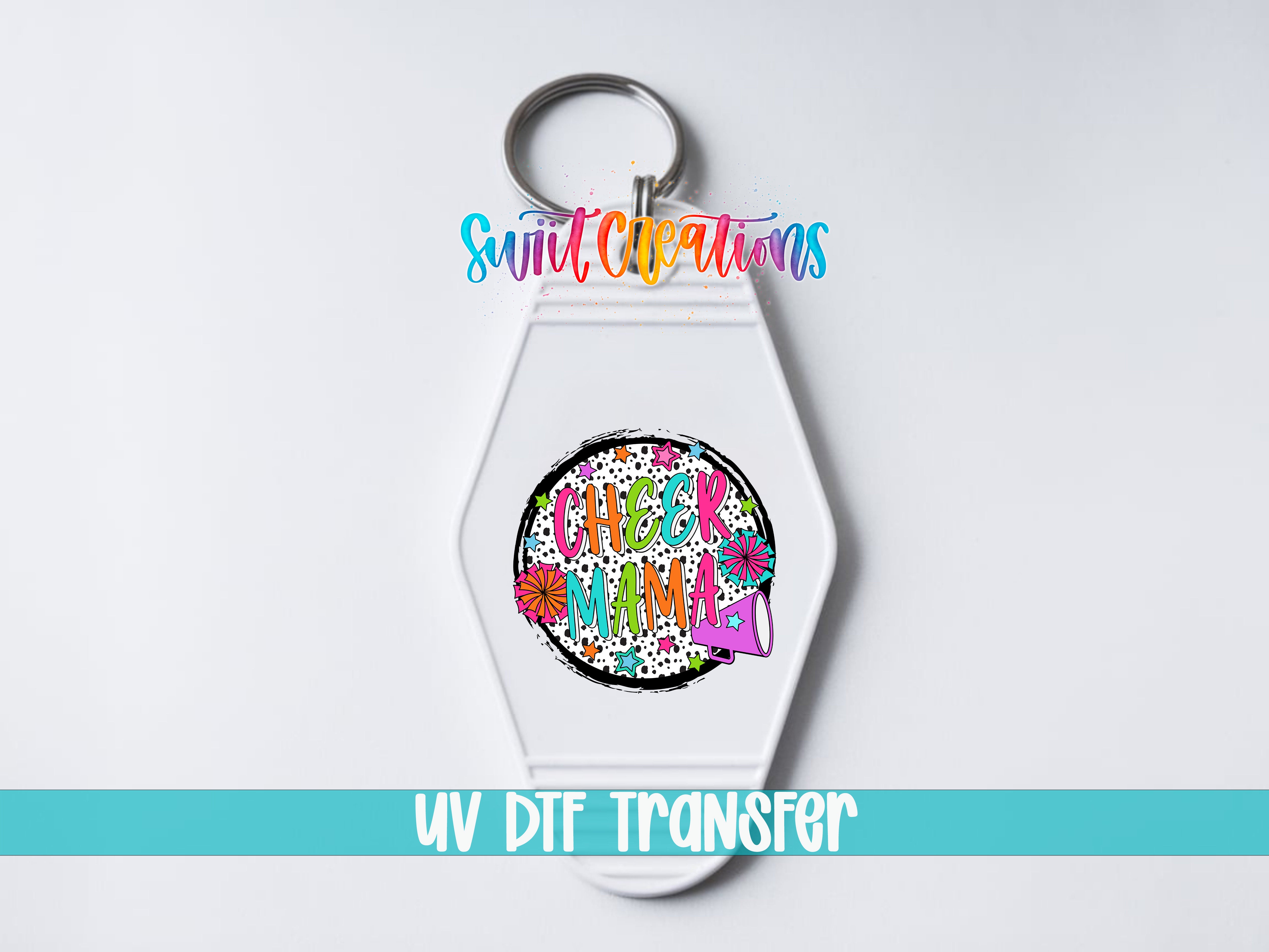 A keychain with a colorful, abstract design and the text "Cheer Mommy" printed on it.