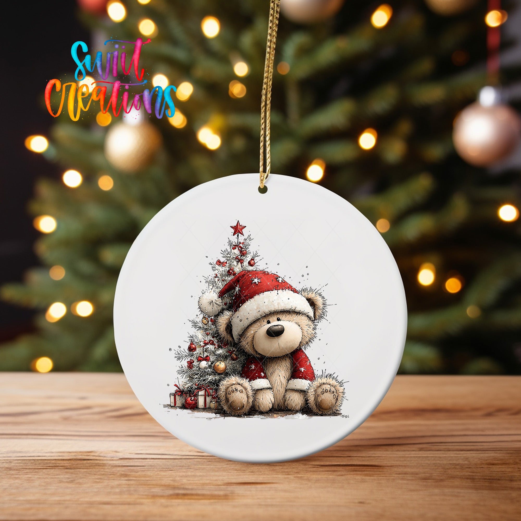 A white ceramic ornament featuring a teddy bear wearing a Santa hat, sitting in front of a Christmas tree.